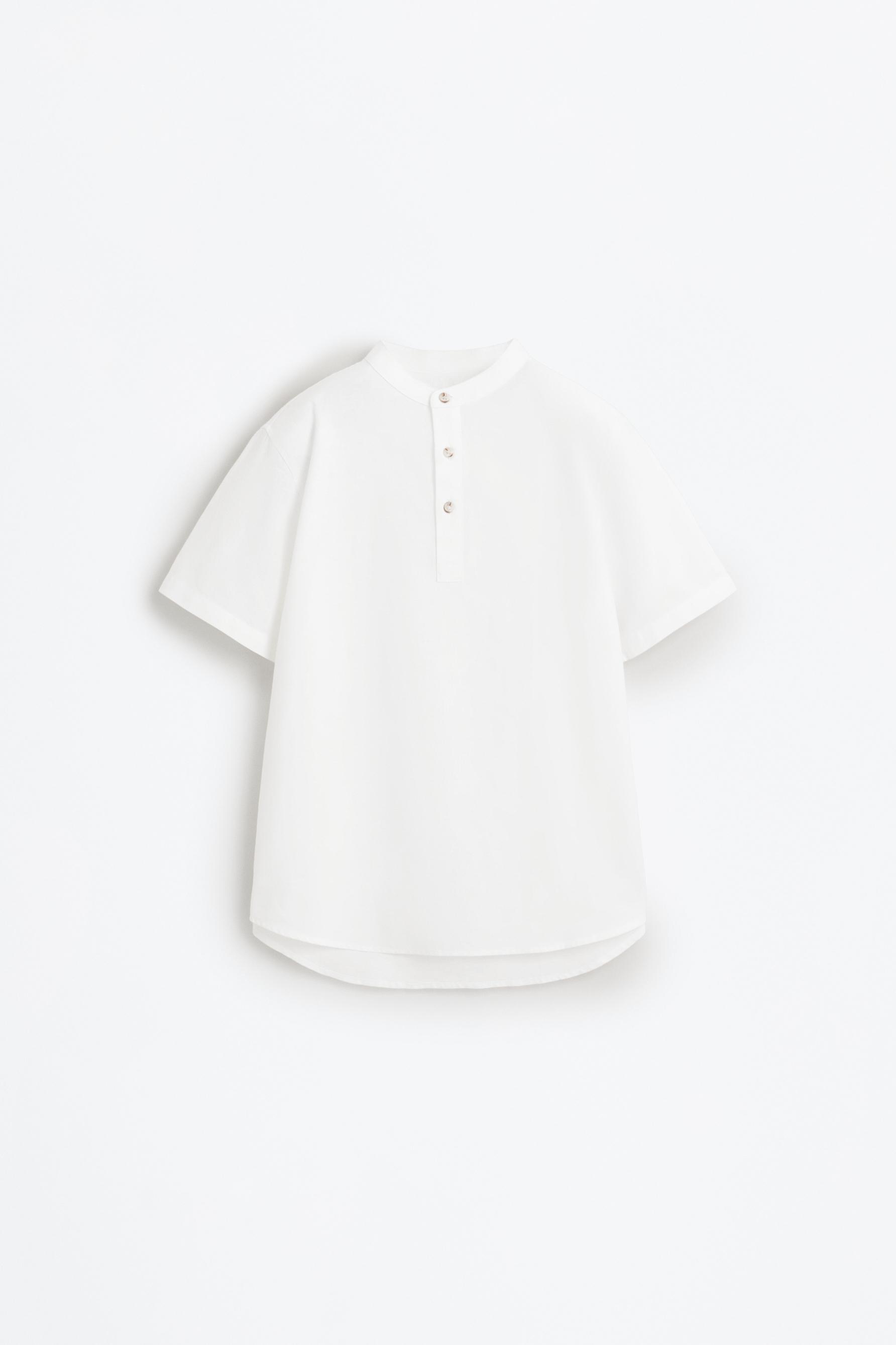Linen-cotton stand collar shirt — WHITE