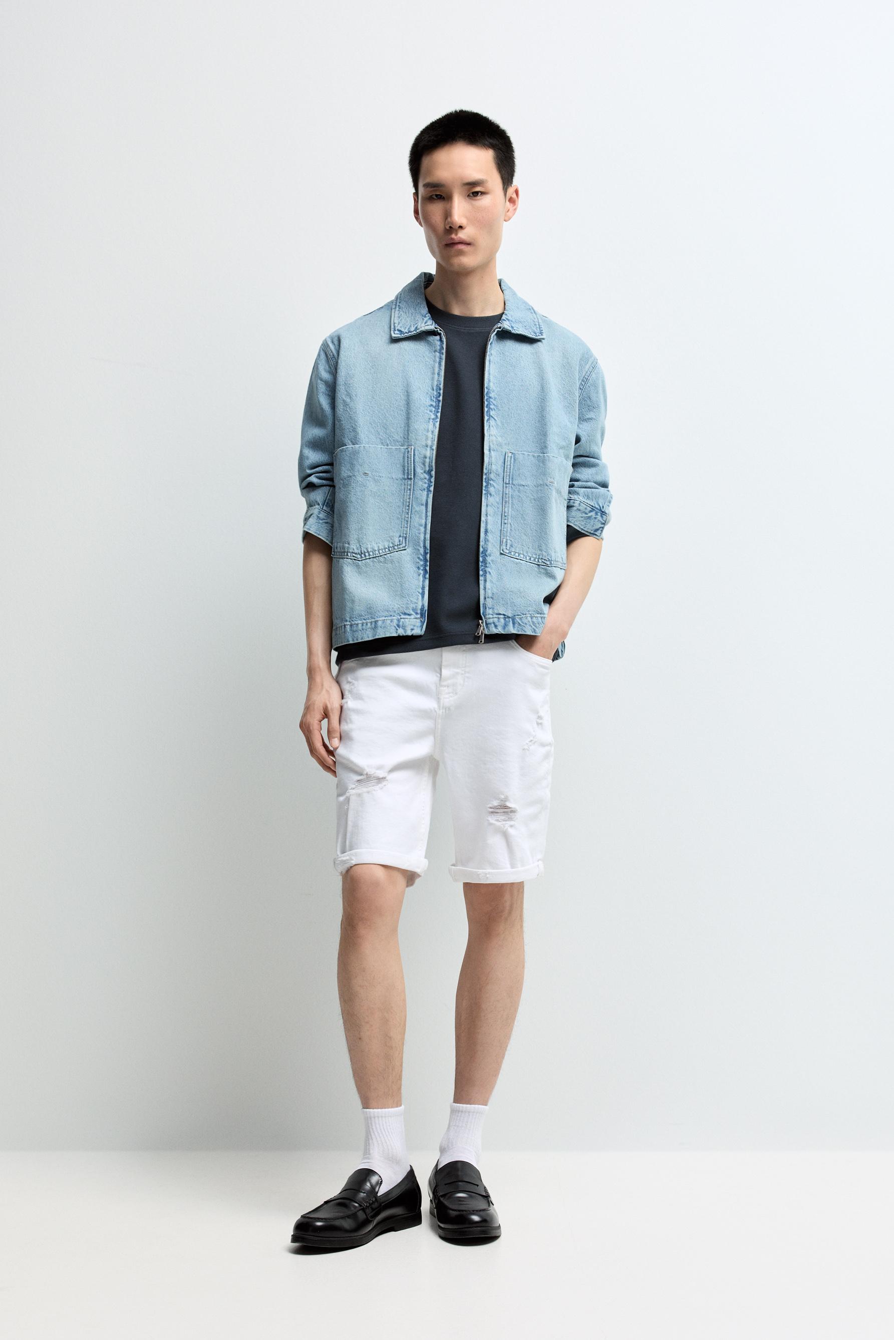 Distressed skinny denim Bermuda shorts — WHITE