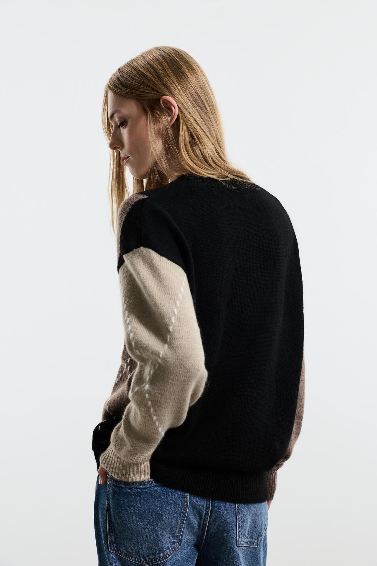Diamond-textured sweater — ECRU/BROWN