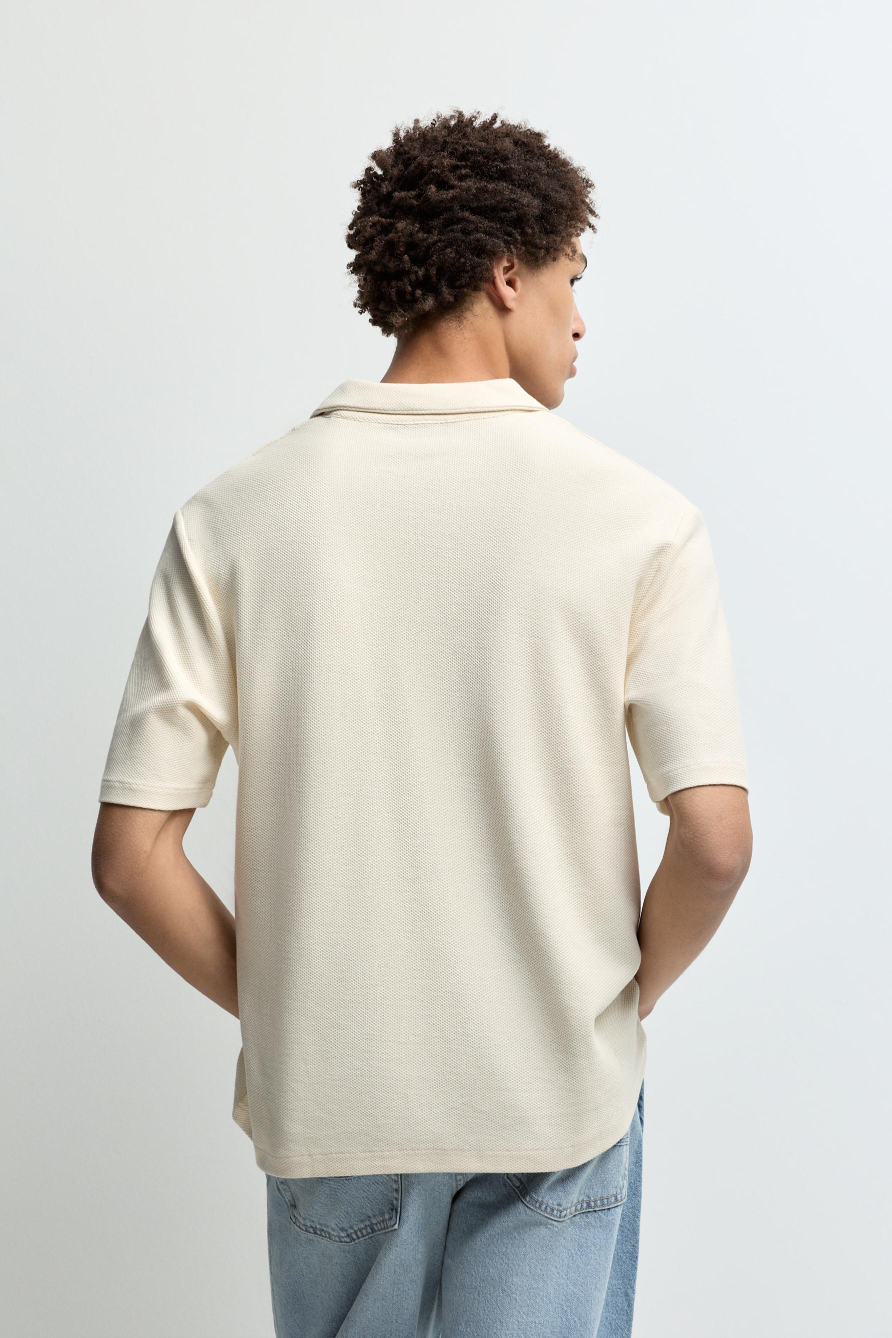 Textured V-neck polo shirt — VANILLA