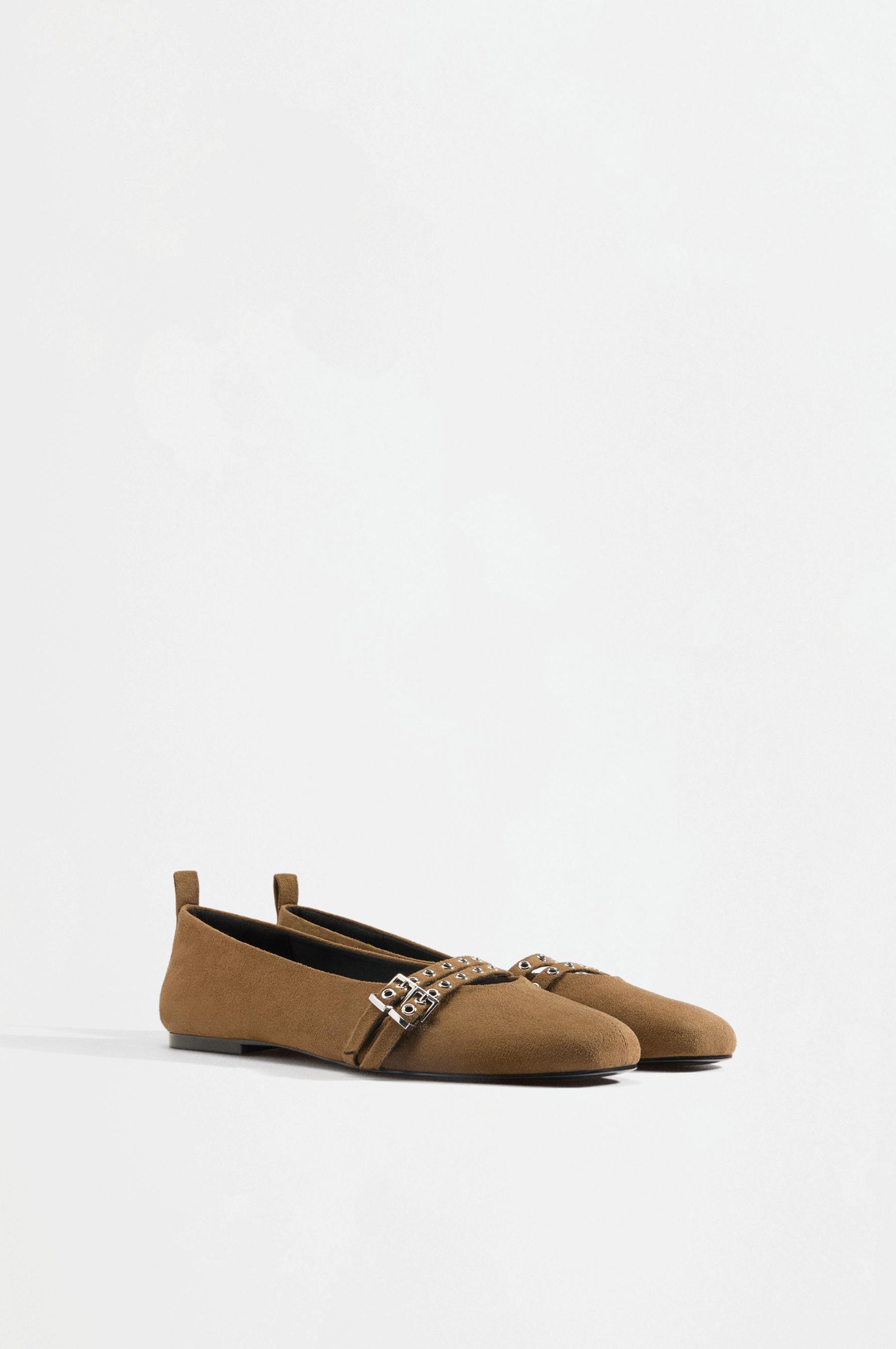 Faux suede double-buckle ballet flats — BROWN