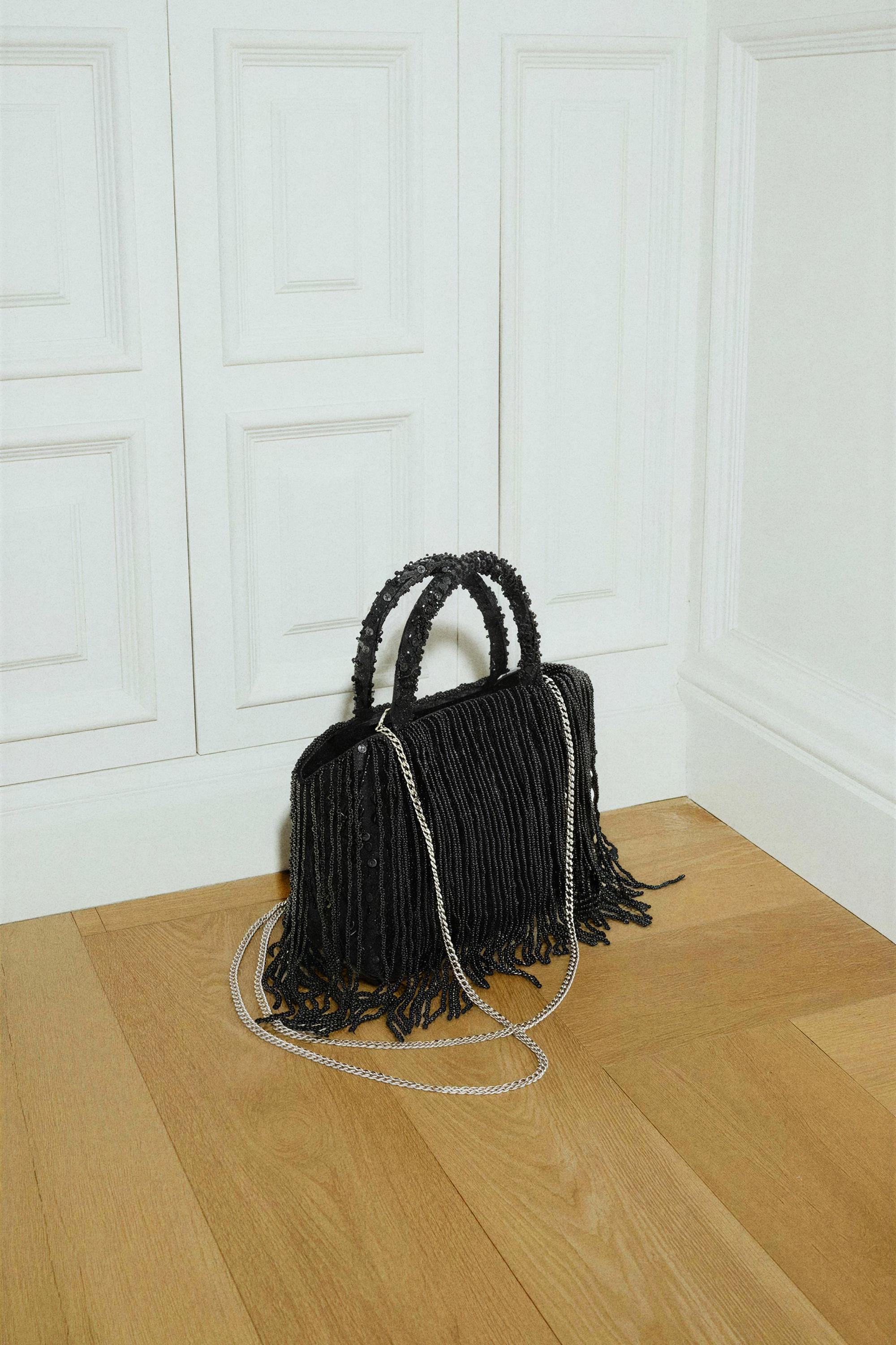 Mini shopper bag with beads and fringe — BLACK