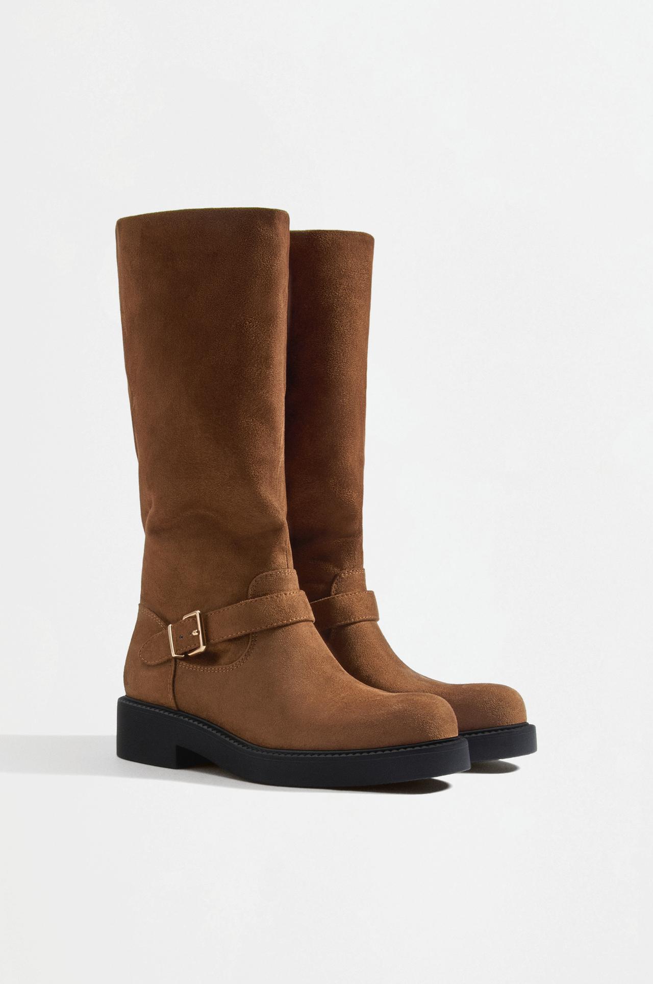 Knee-high boots with buckle and faux suede effect — LEATHER