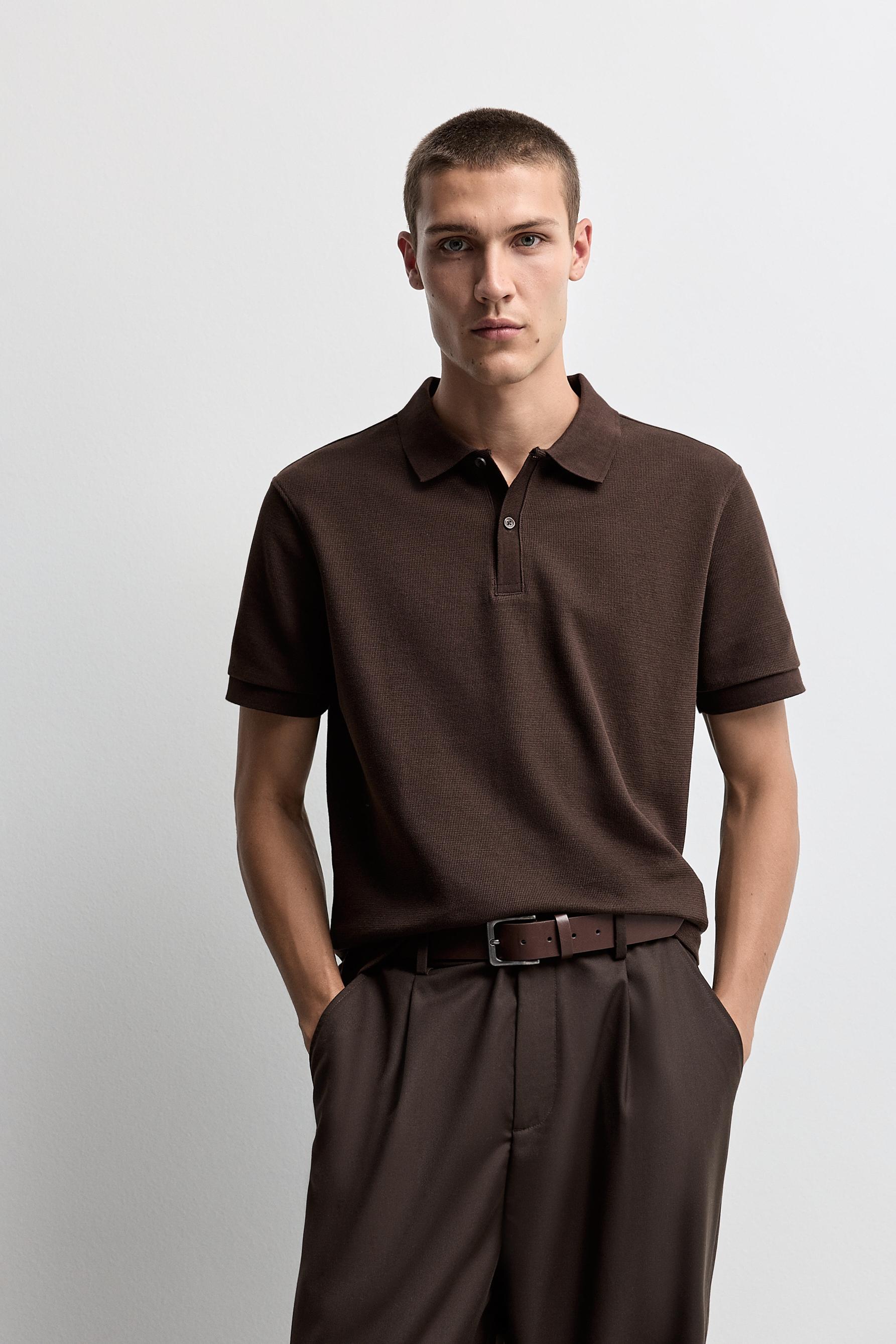 Basic textured polo shirt — BROWN
