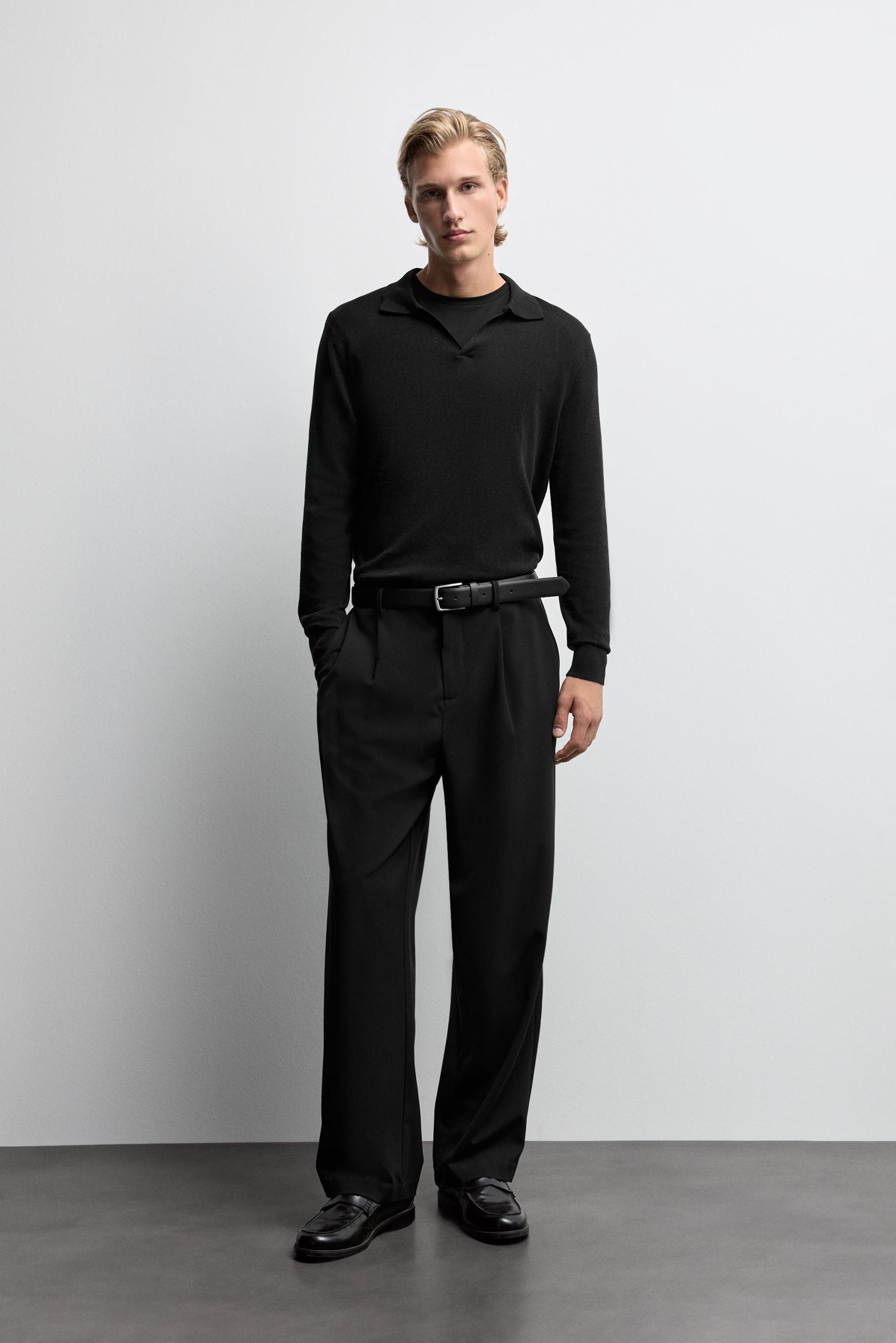 Long sleeve knit polo shirt — BLACK