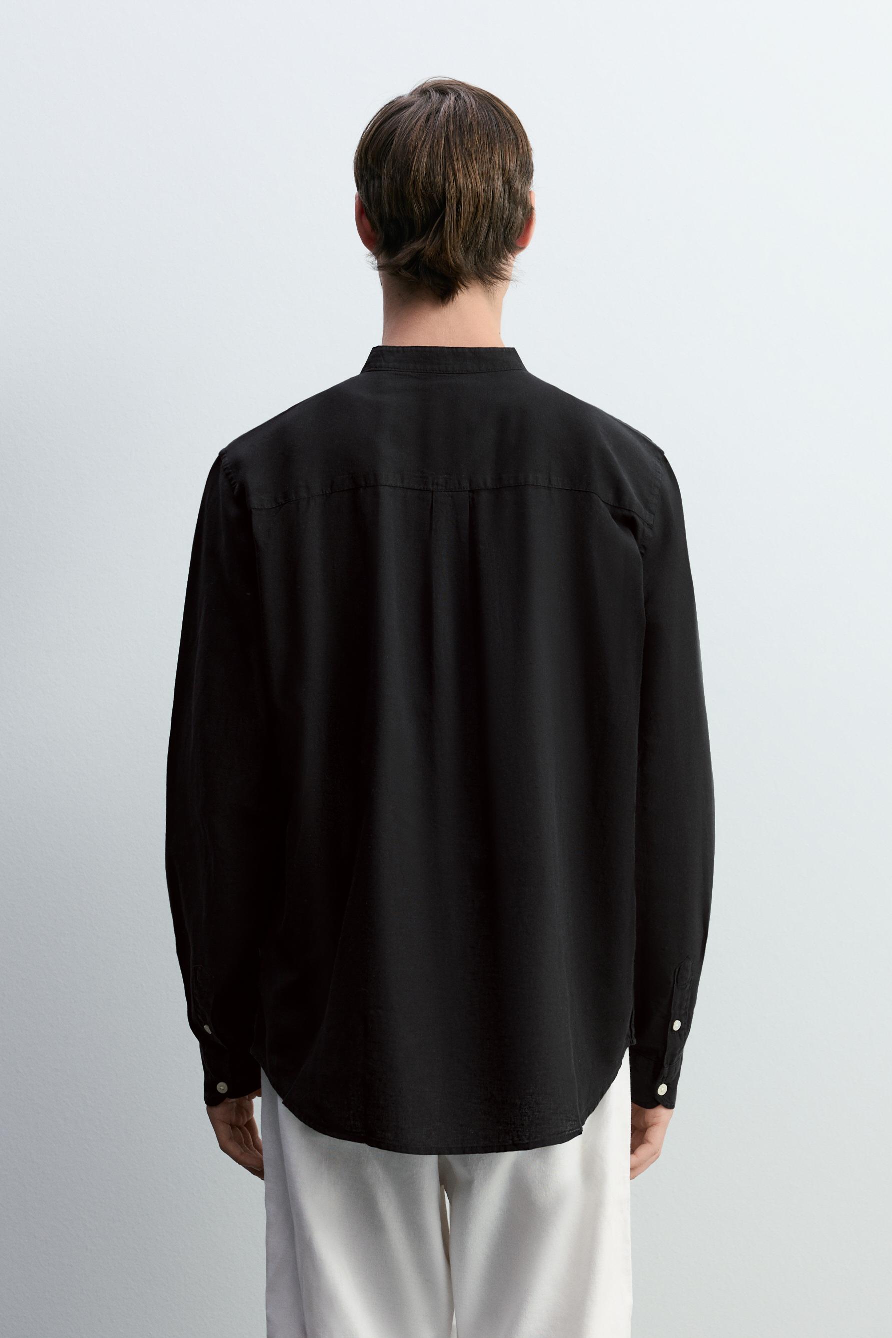 Linen and cotton stand collar shirt — BLACK