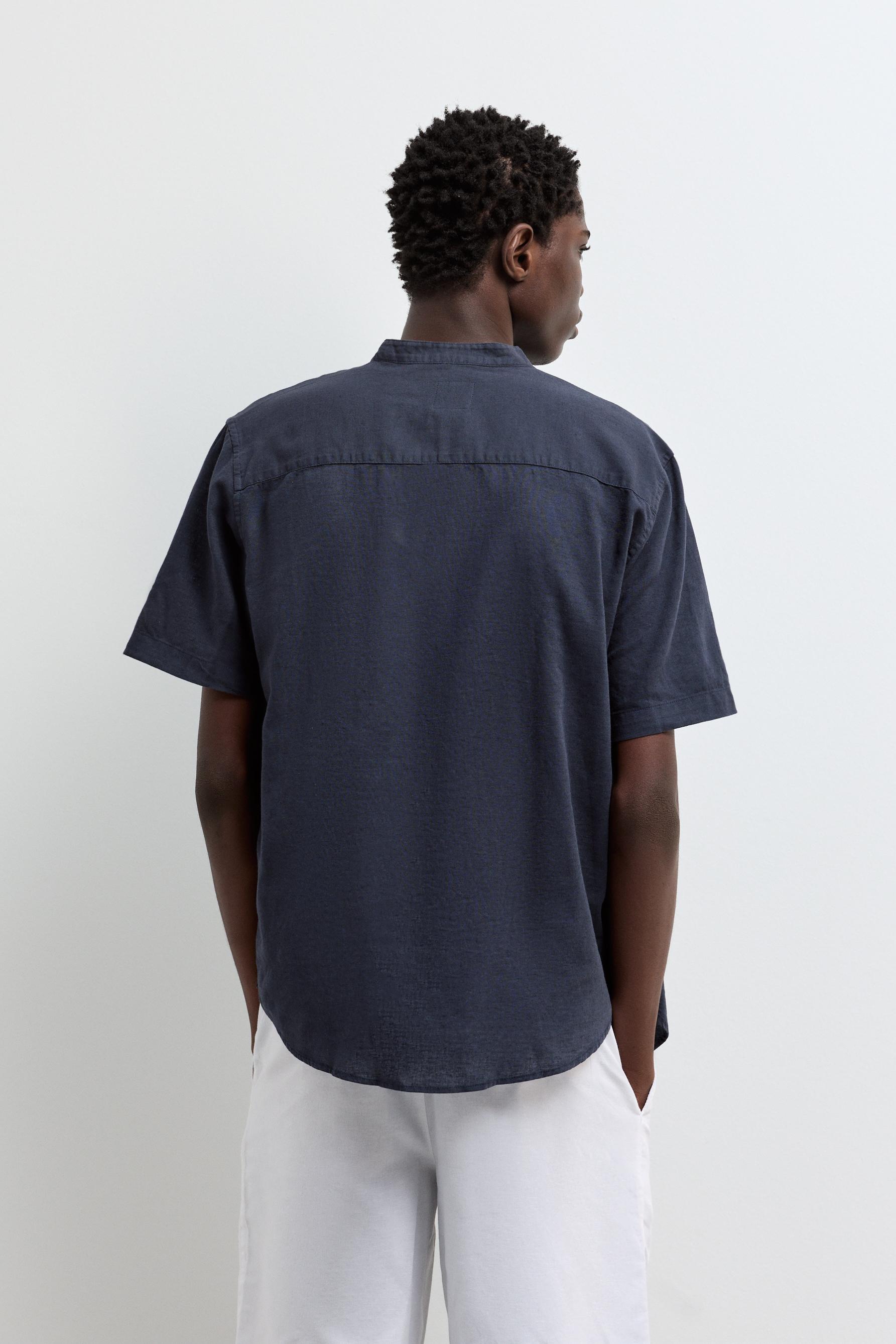 Linen-cotton stand collar shirt — NAVY
