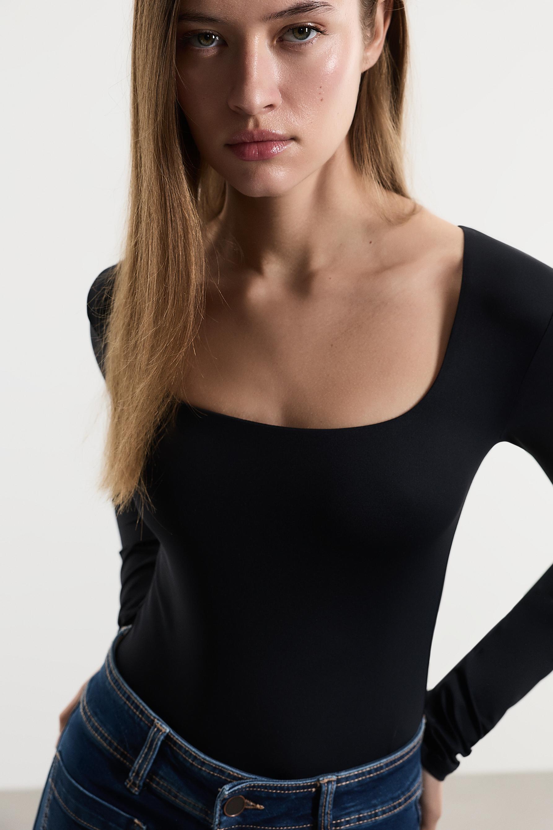 Polyamide square neckline bodysuit — BLACK