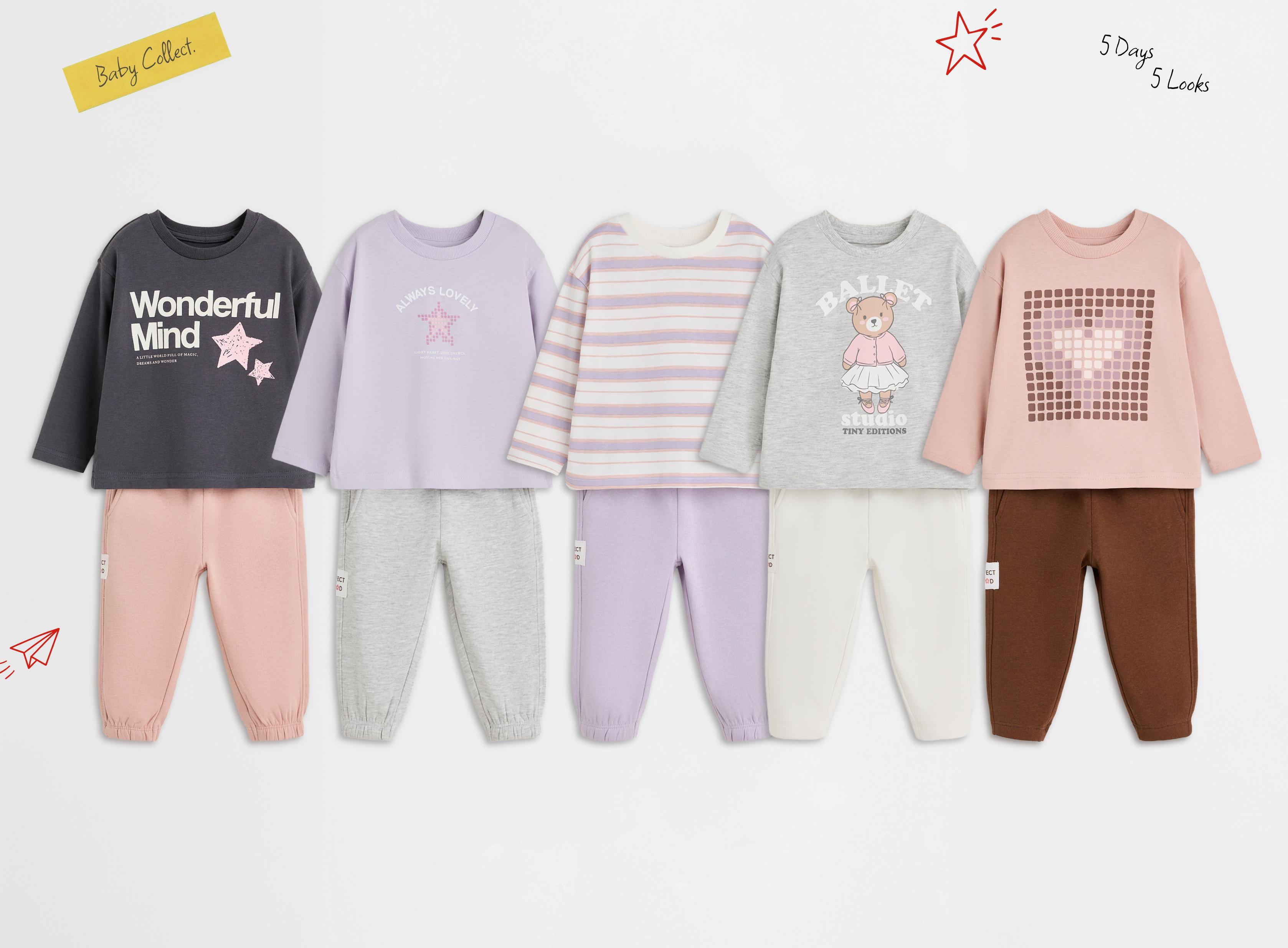 5-pack of mixed T-shirt and fleece jogger sets — PALE PINK