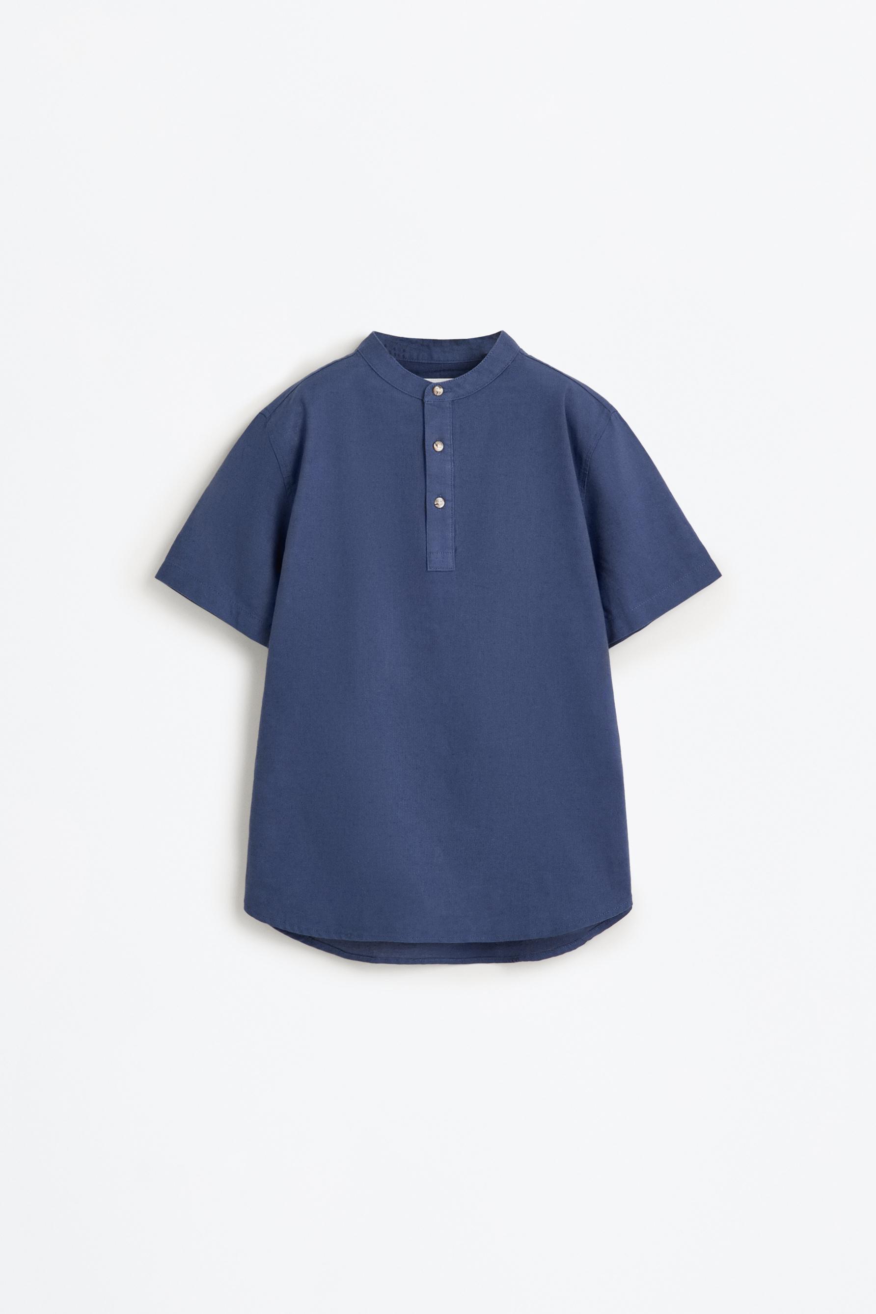 Linen-cotton stand collar shirt — DARK BLUE