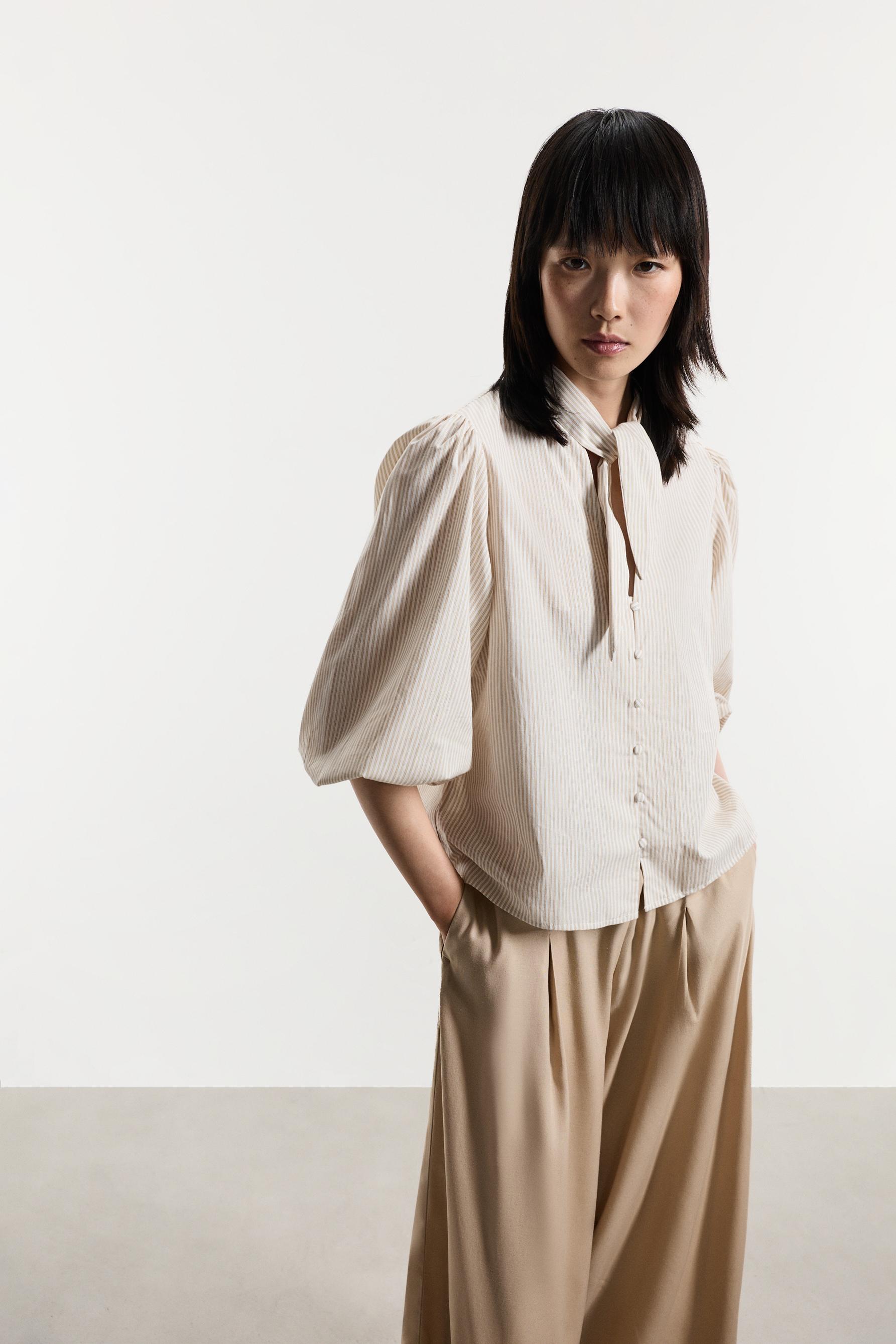 Tie-neck shirt — ECRU/BROWN