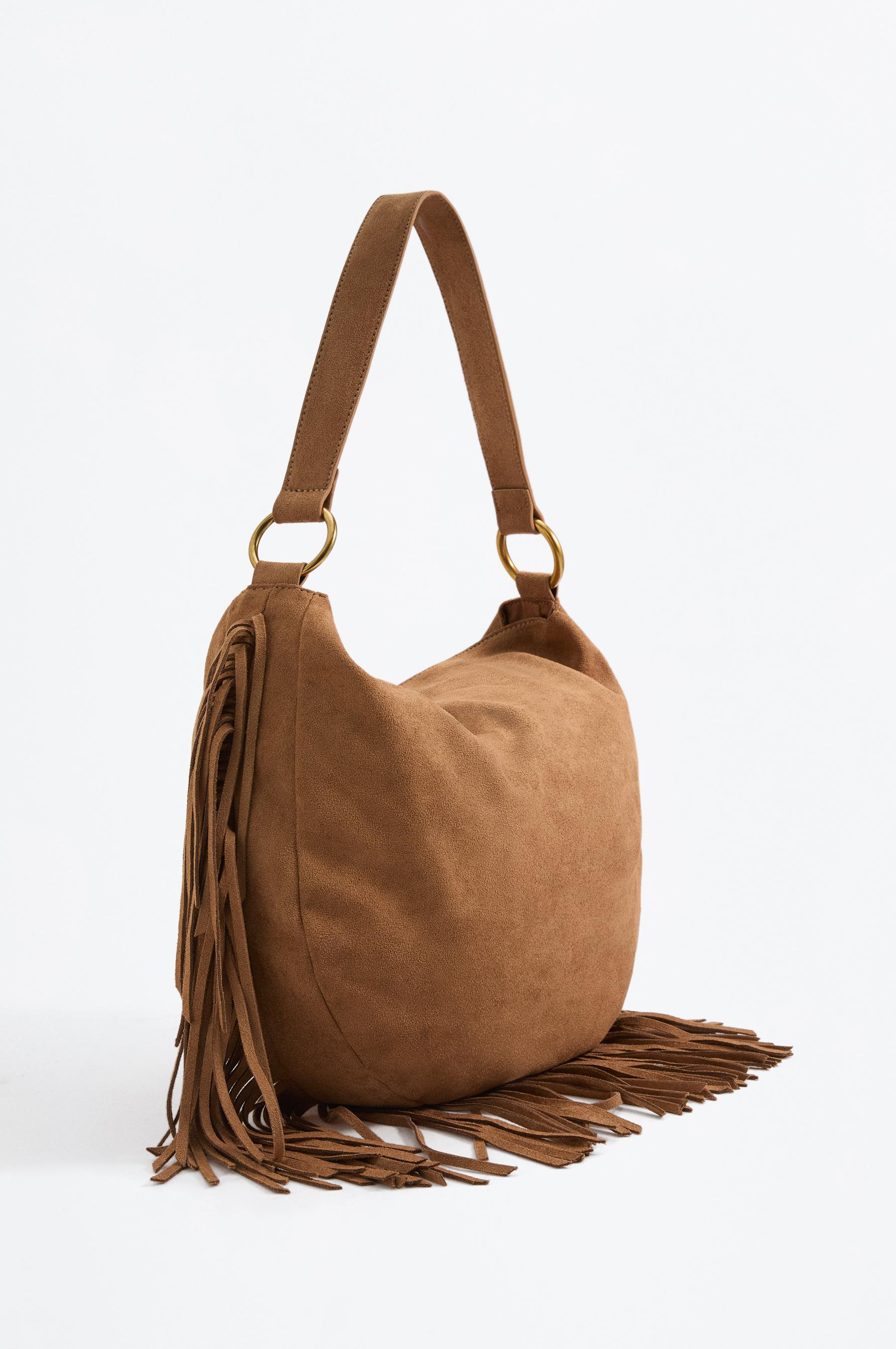 Faux suede fringe crossbody bag — CAMEL
