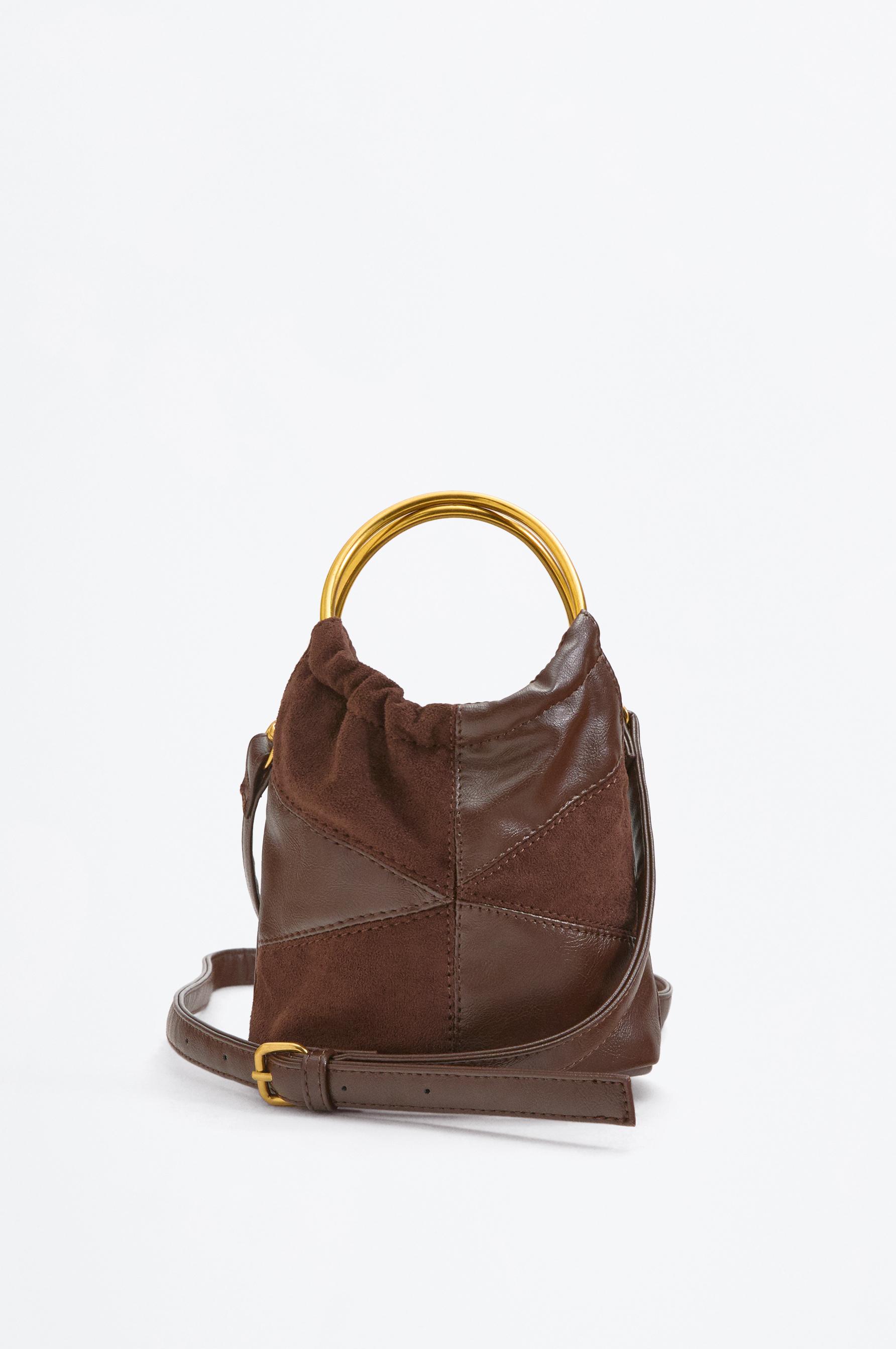 Patchwork crossbody bag with metal handle — BROWN