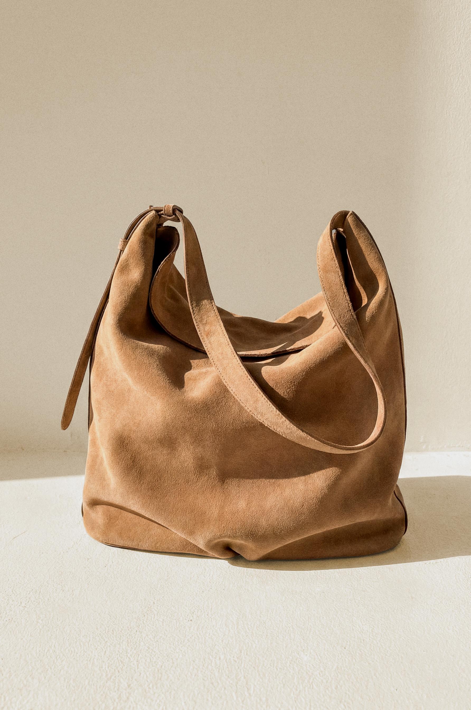 FAUX SUEDE SHOULDER BAG — CAMEL