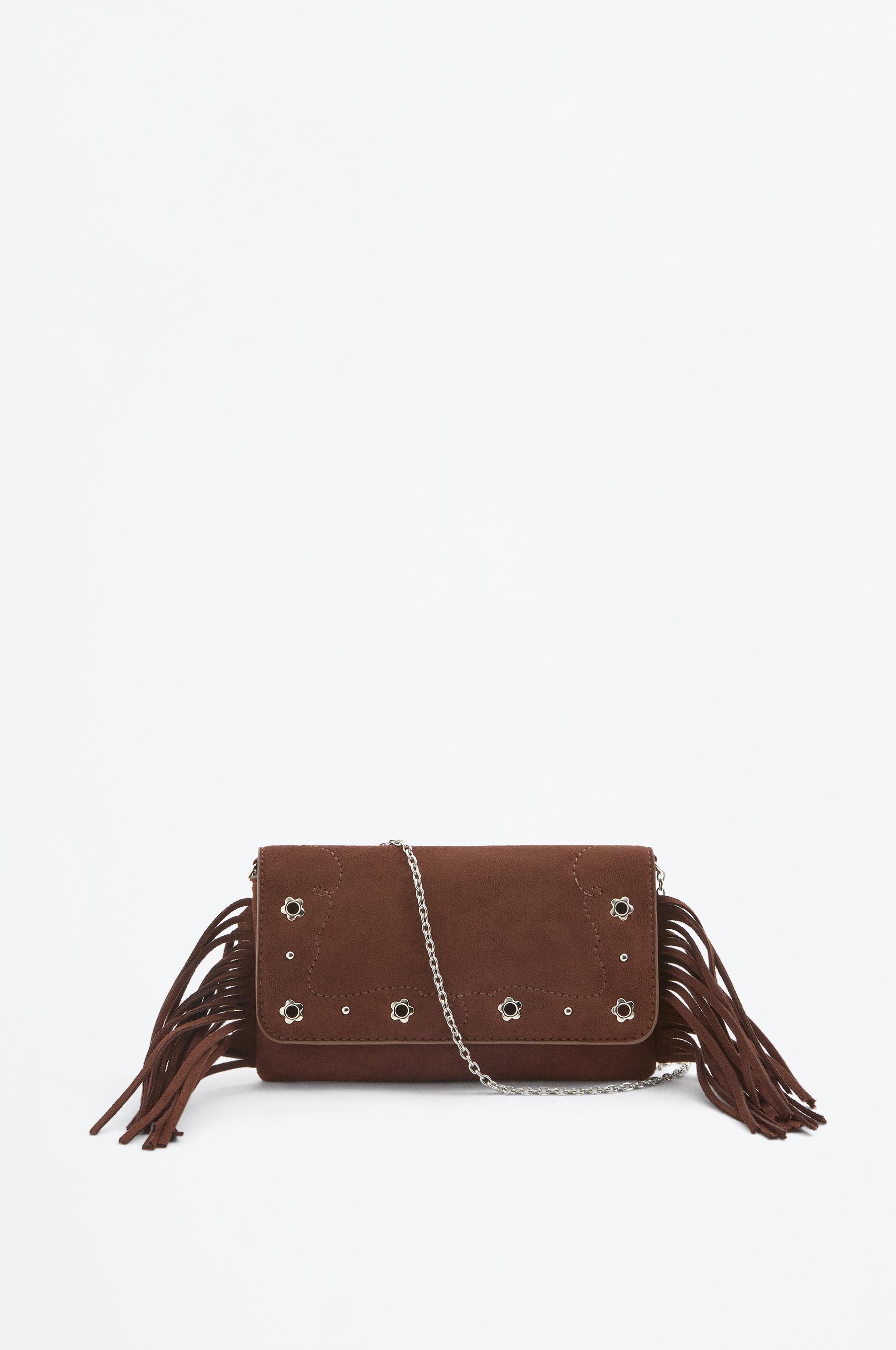 Fringed crossbody bag with flower detail — BROWN