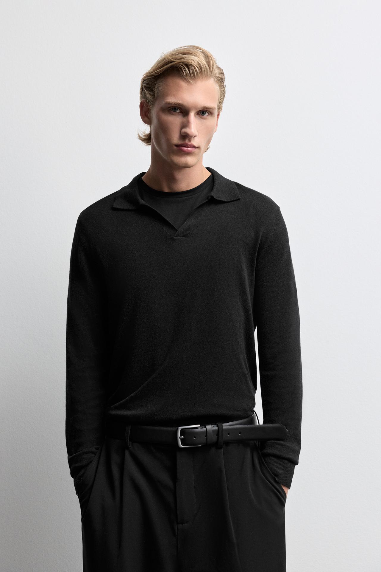 Long sleeve knit polo shirt — BLACK