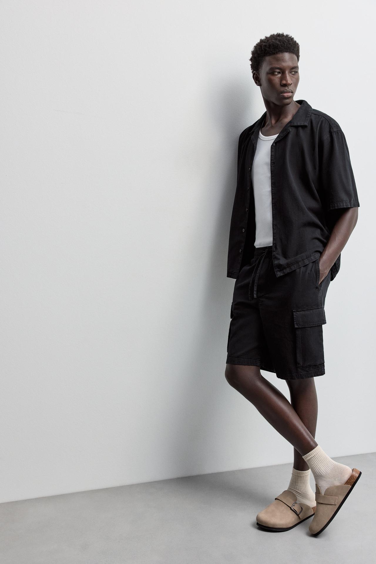 Cargo denim jogger Bermuda shorts — BLACK