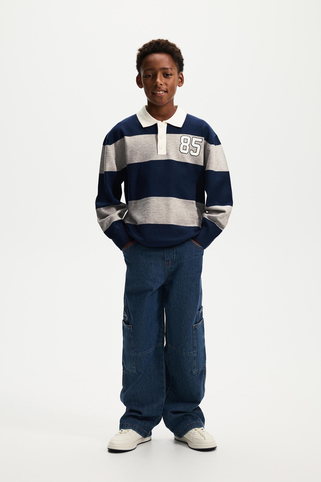 Striped knit polo shirt — NAVY