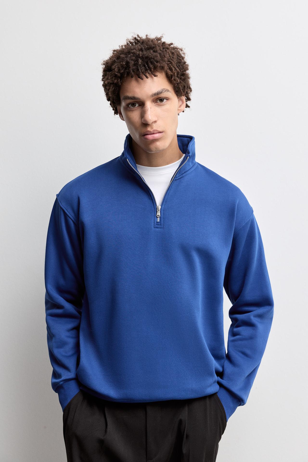 High-neck zip-up sweatshirt — COBALT GREY