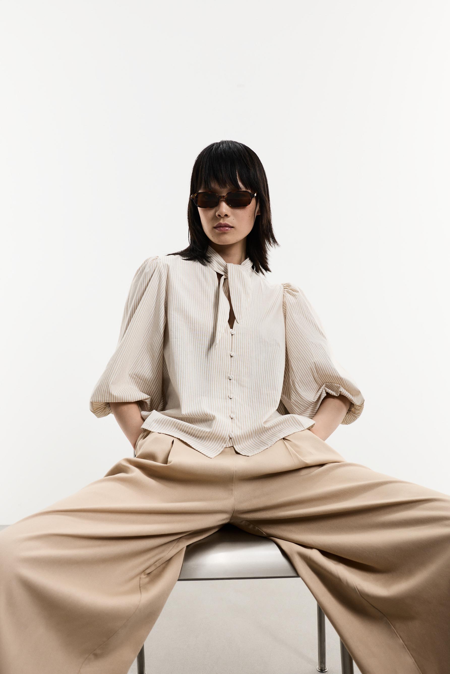 Tie-neck shirt — ECRU/BROWN