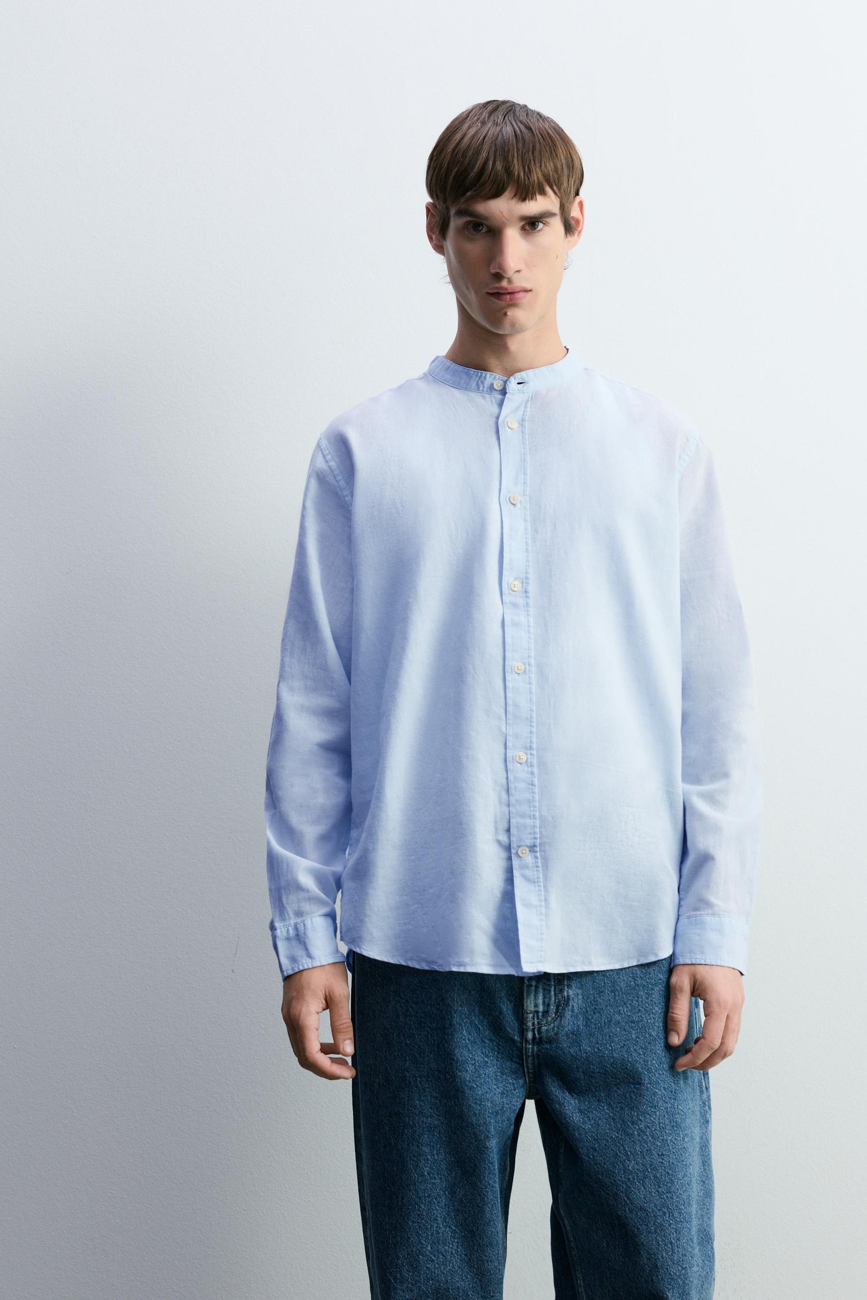 Linen and cotton stand collar shirt — SKY BLUE