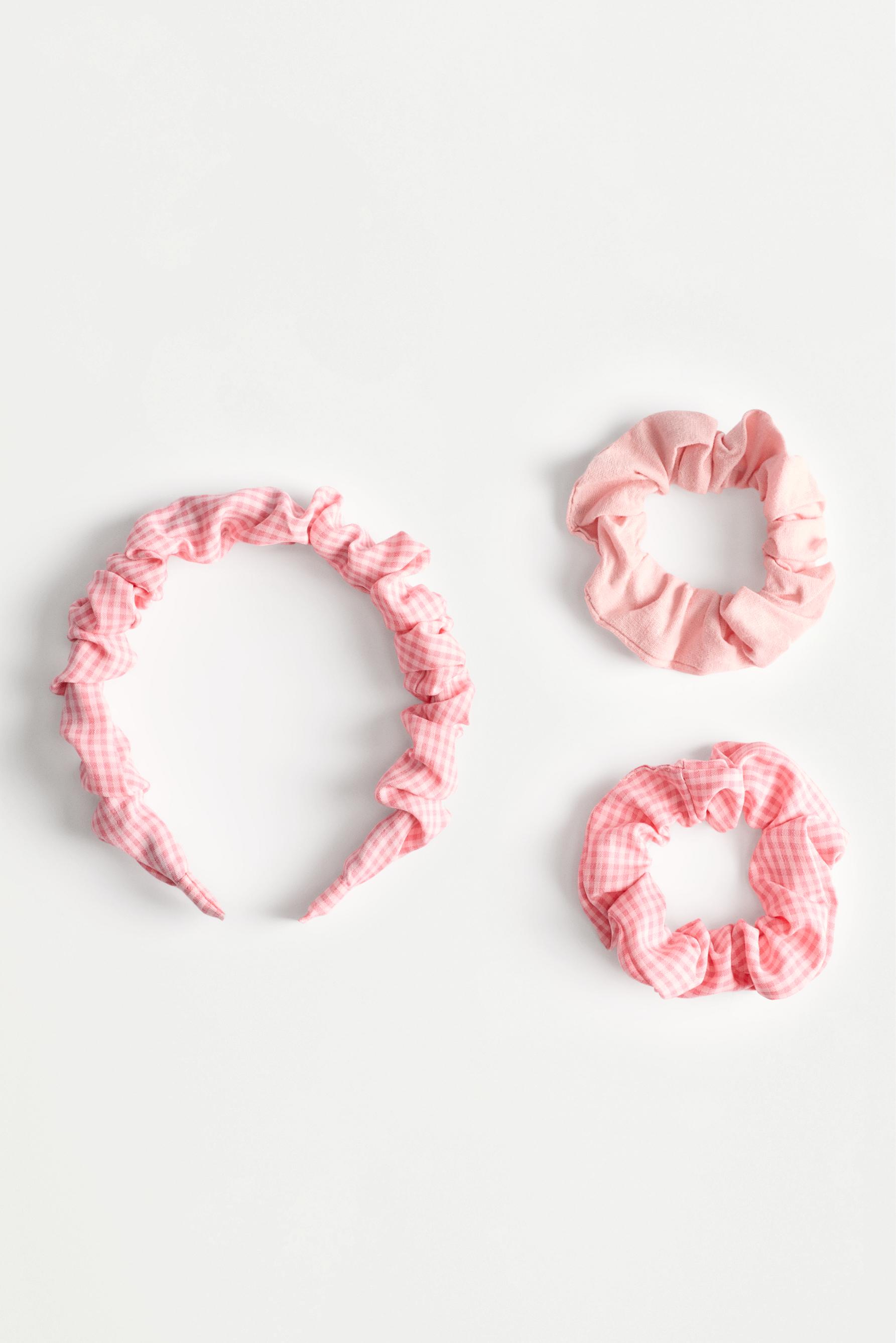 Gingham headband and scrunchies (3-piece set) — PINK