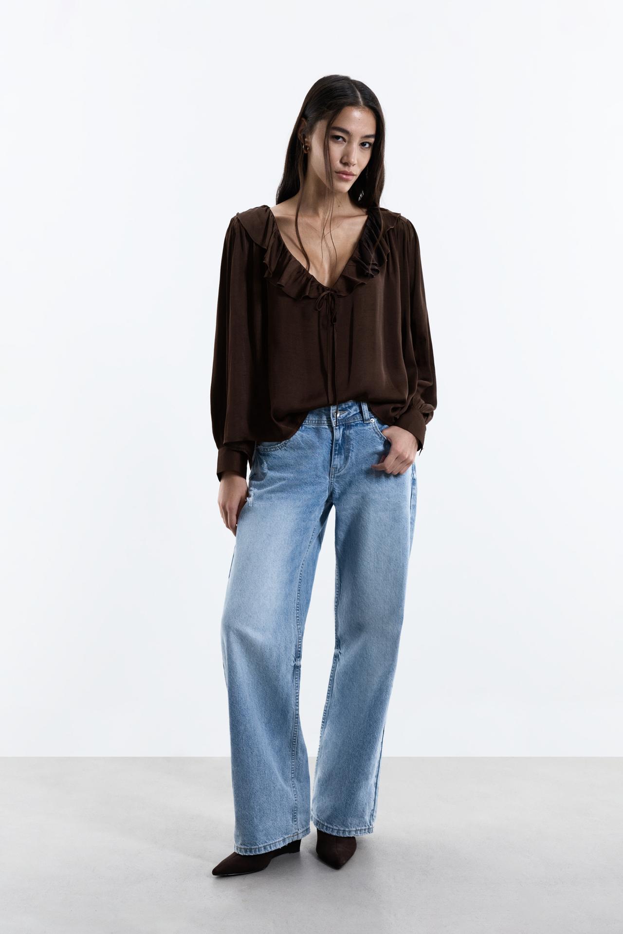 Ruffled tie blouse — CHOCOLATE