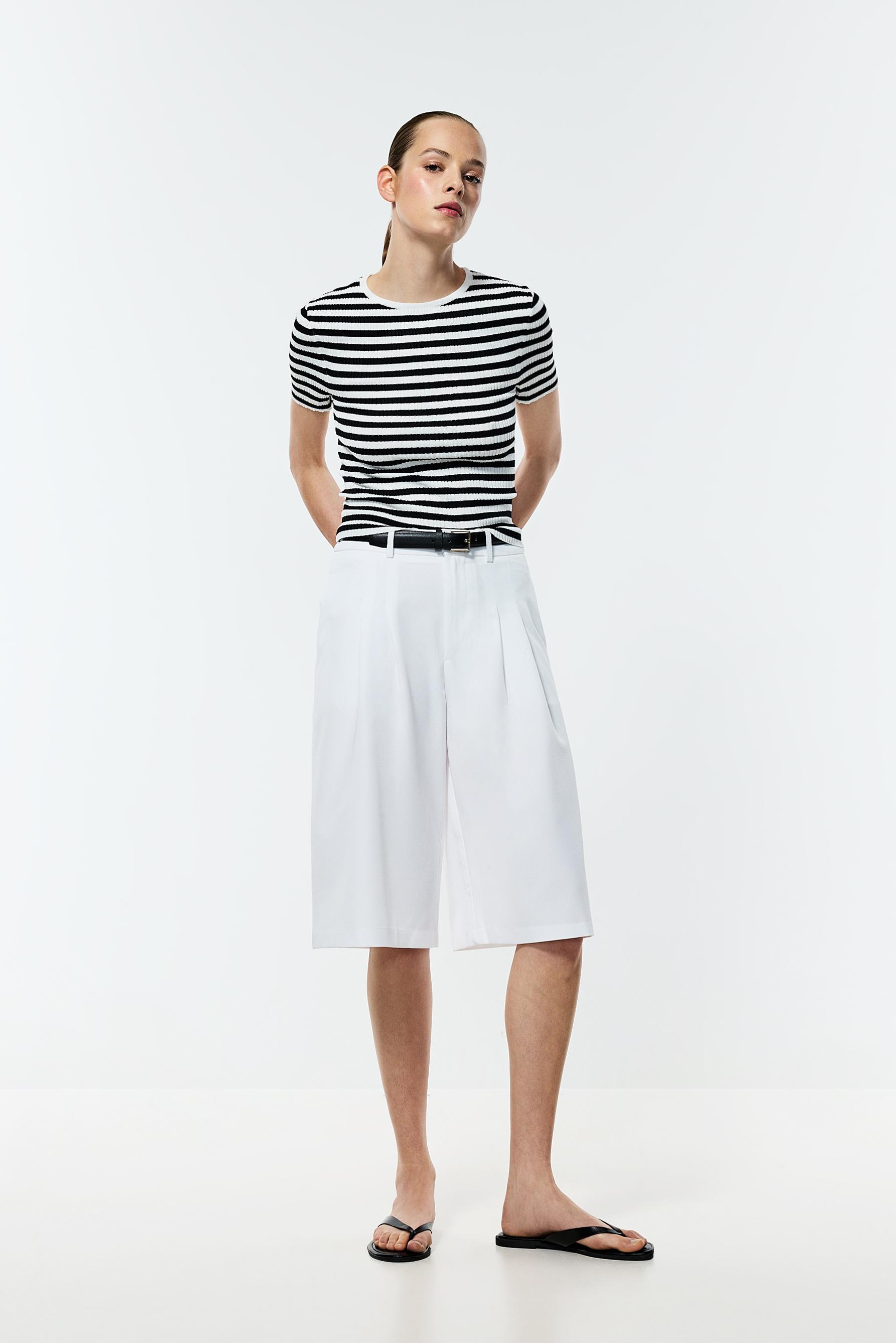 Basic ribbed knit top — ECRU/BLACK