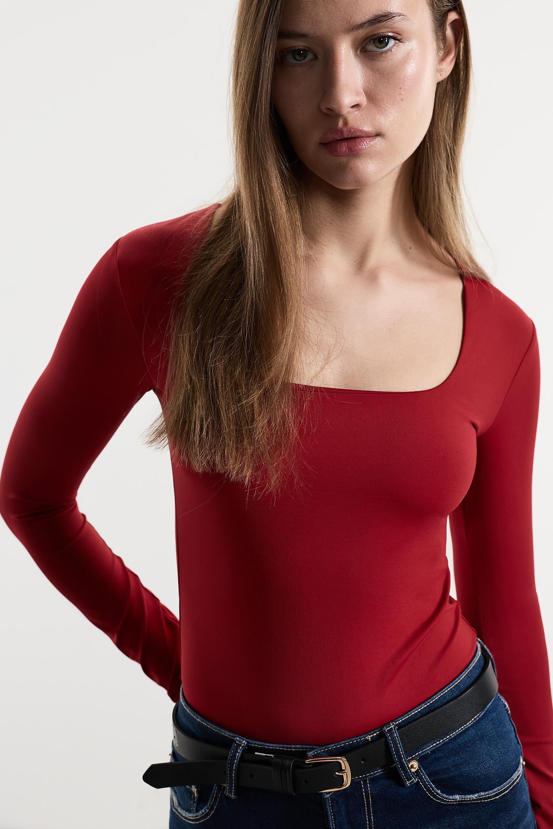 Polyamide square neckline bodysuit — RED