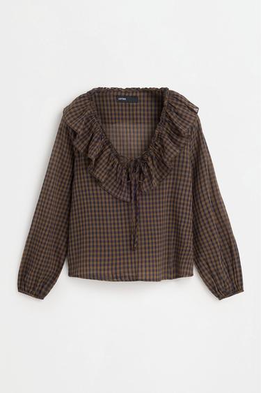 Plaid ruffle blouse — BROWN 6