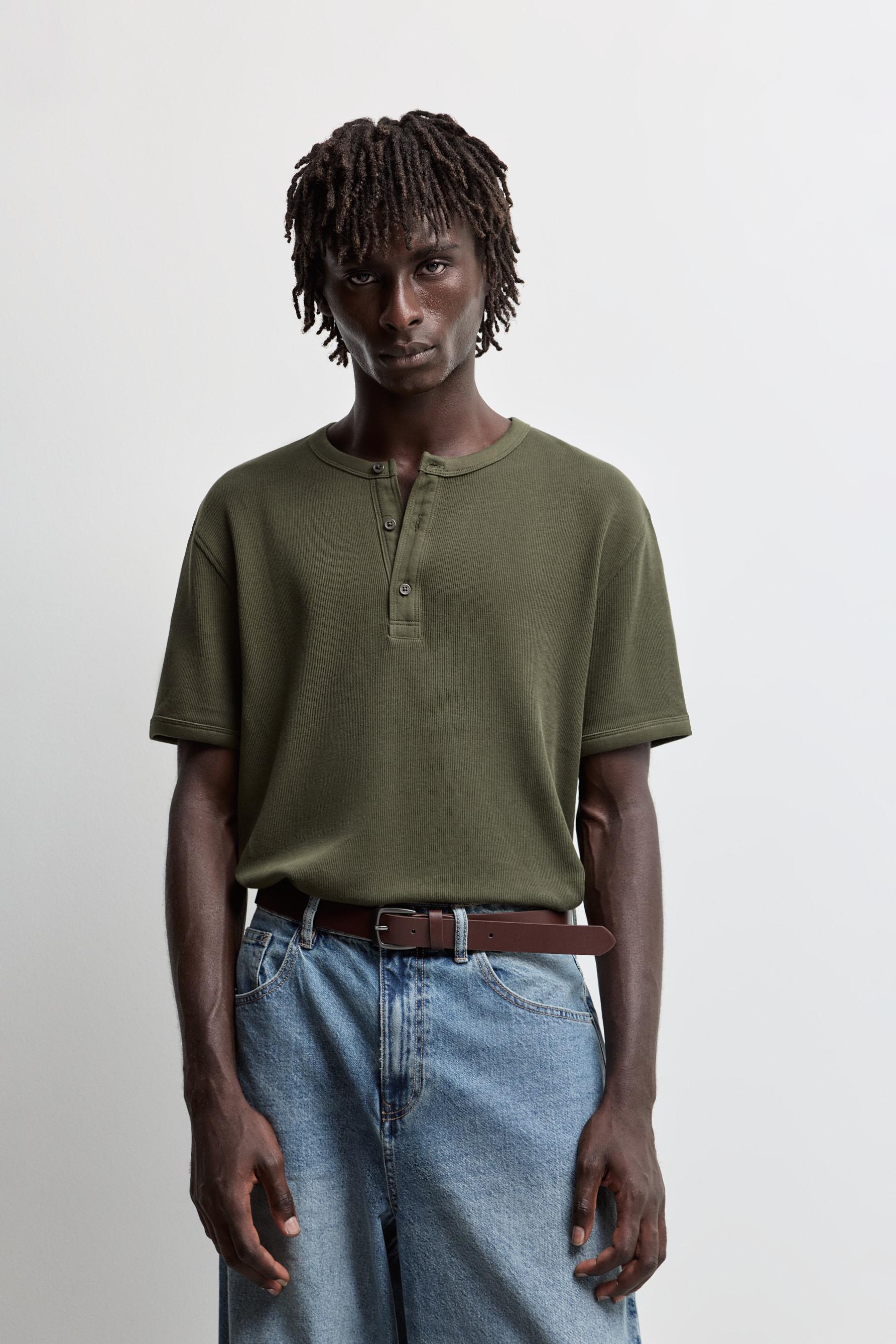 Textured henley T-shirt — MEDIUM GREEN