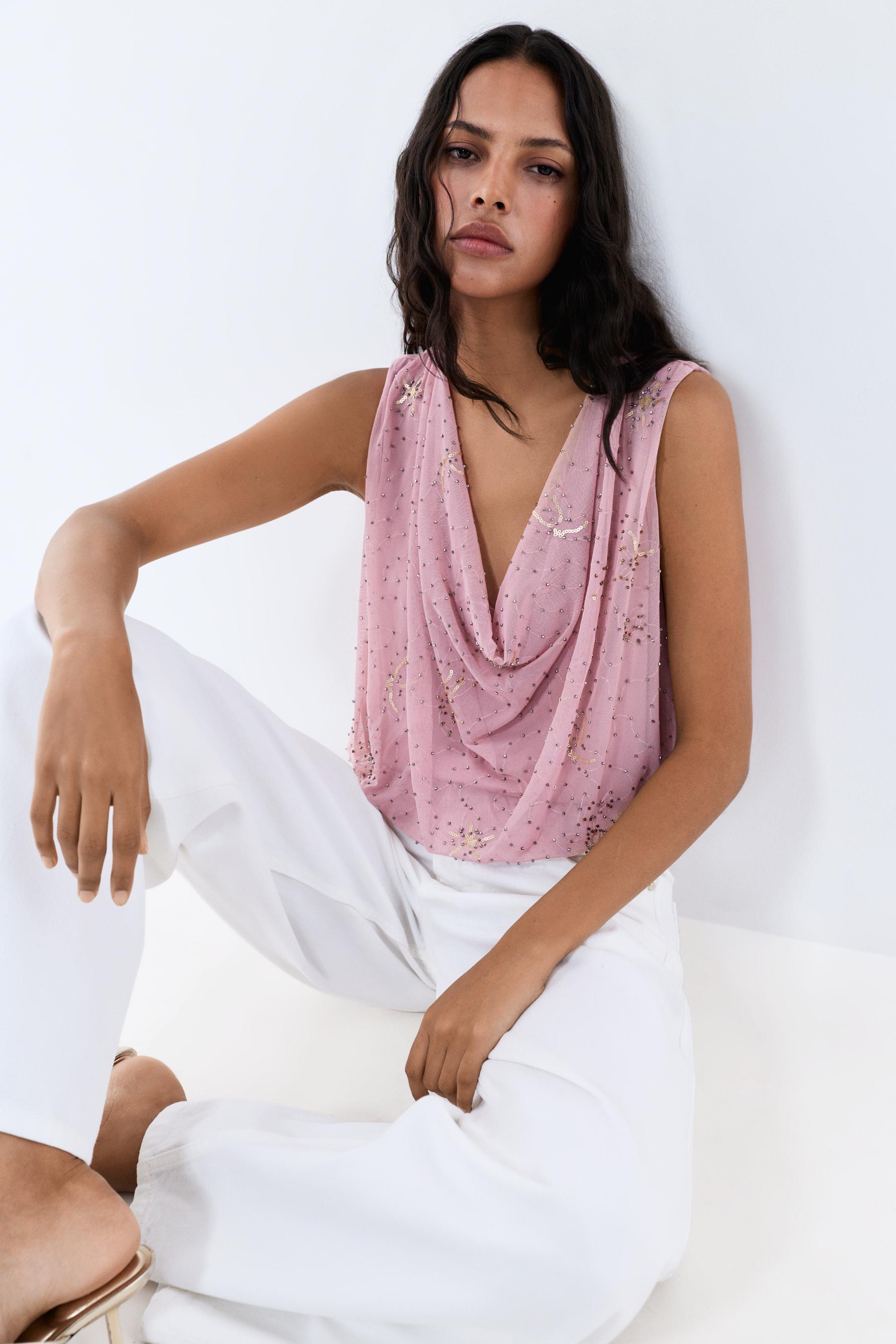 Rhinestone embroidered bodysuit — PINK