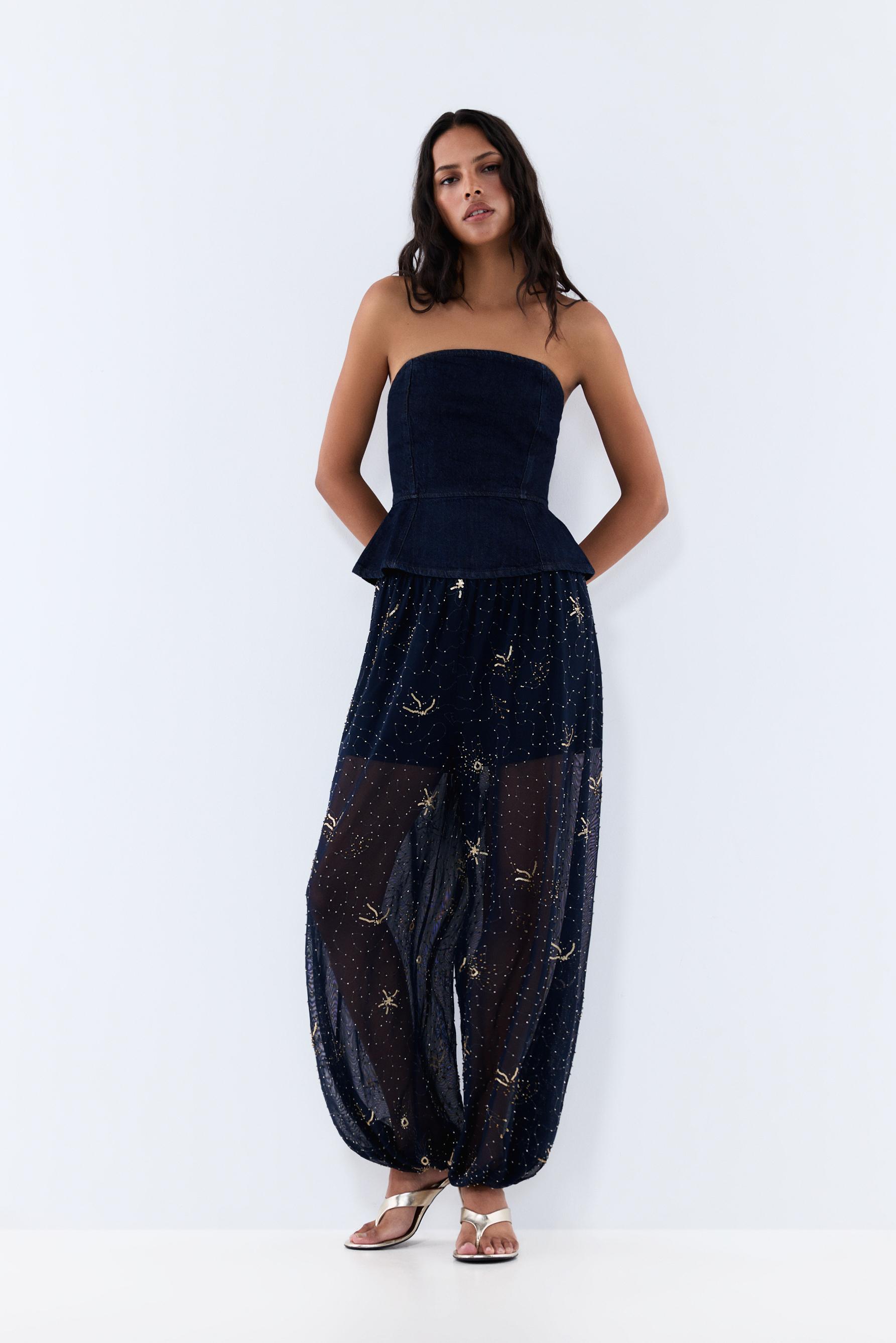 Denim peplum bandeau top — BLUE