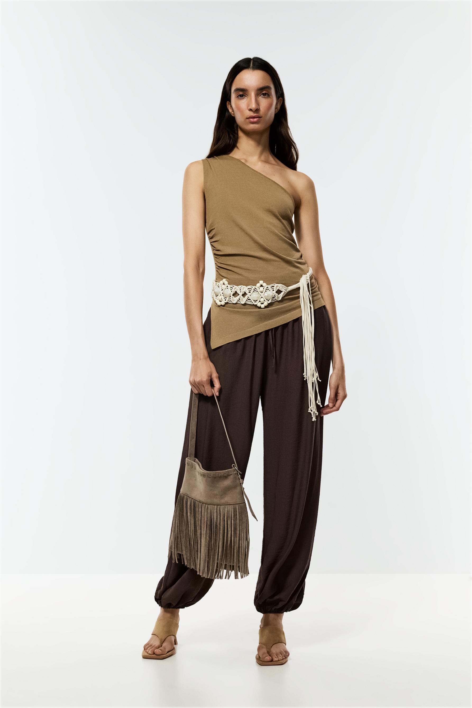 Asymmetric knit top — TOBACCO BROWN