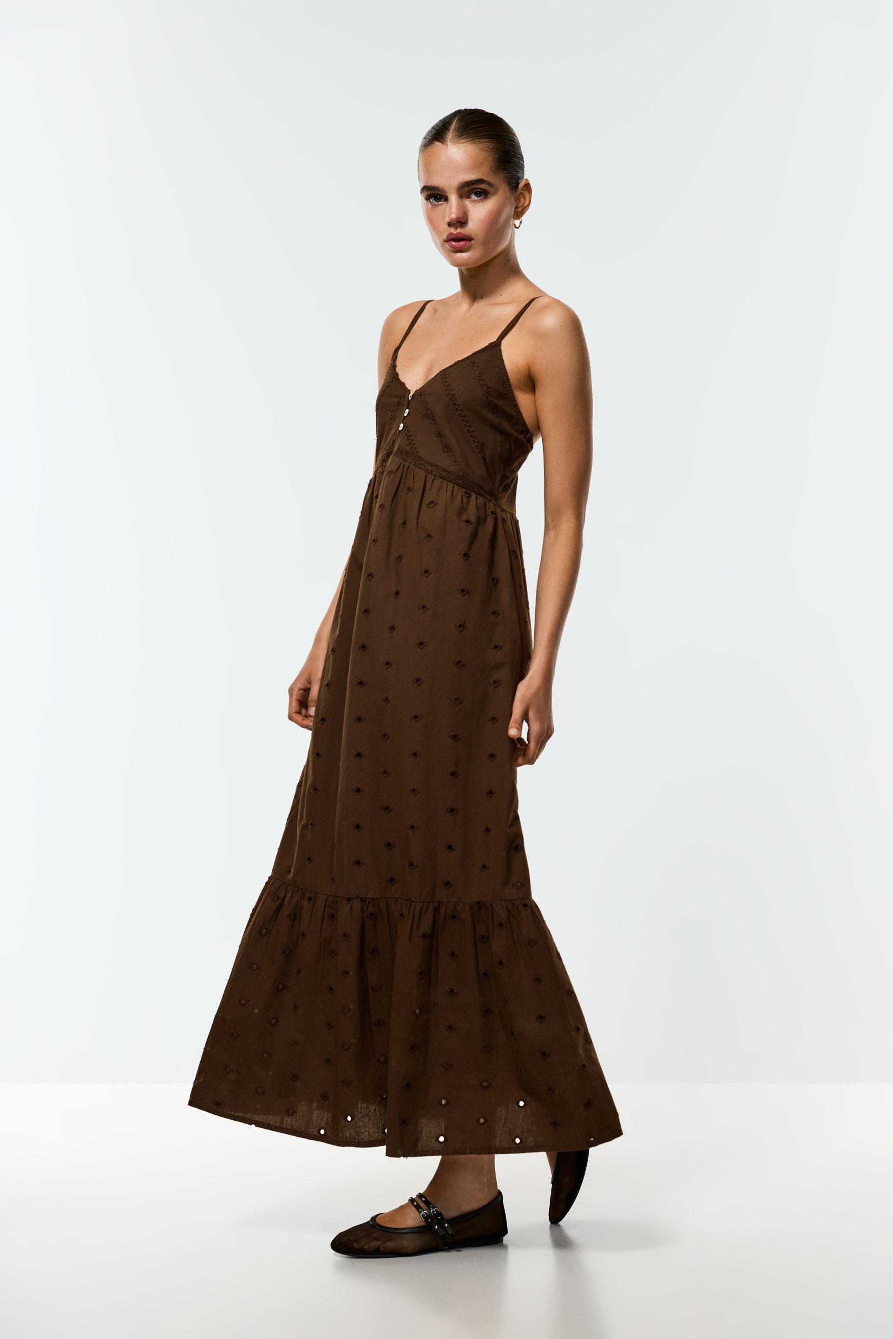 Swiss embroidery midi dress — DARK BROWN