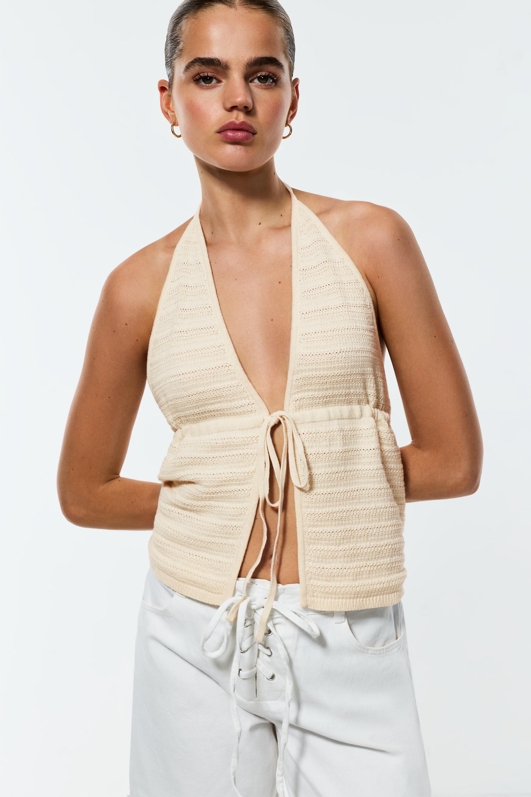 Tie-detail knit top — BEIGE