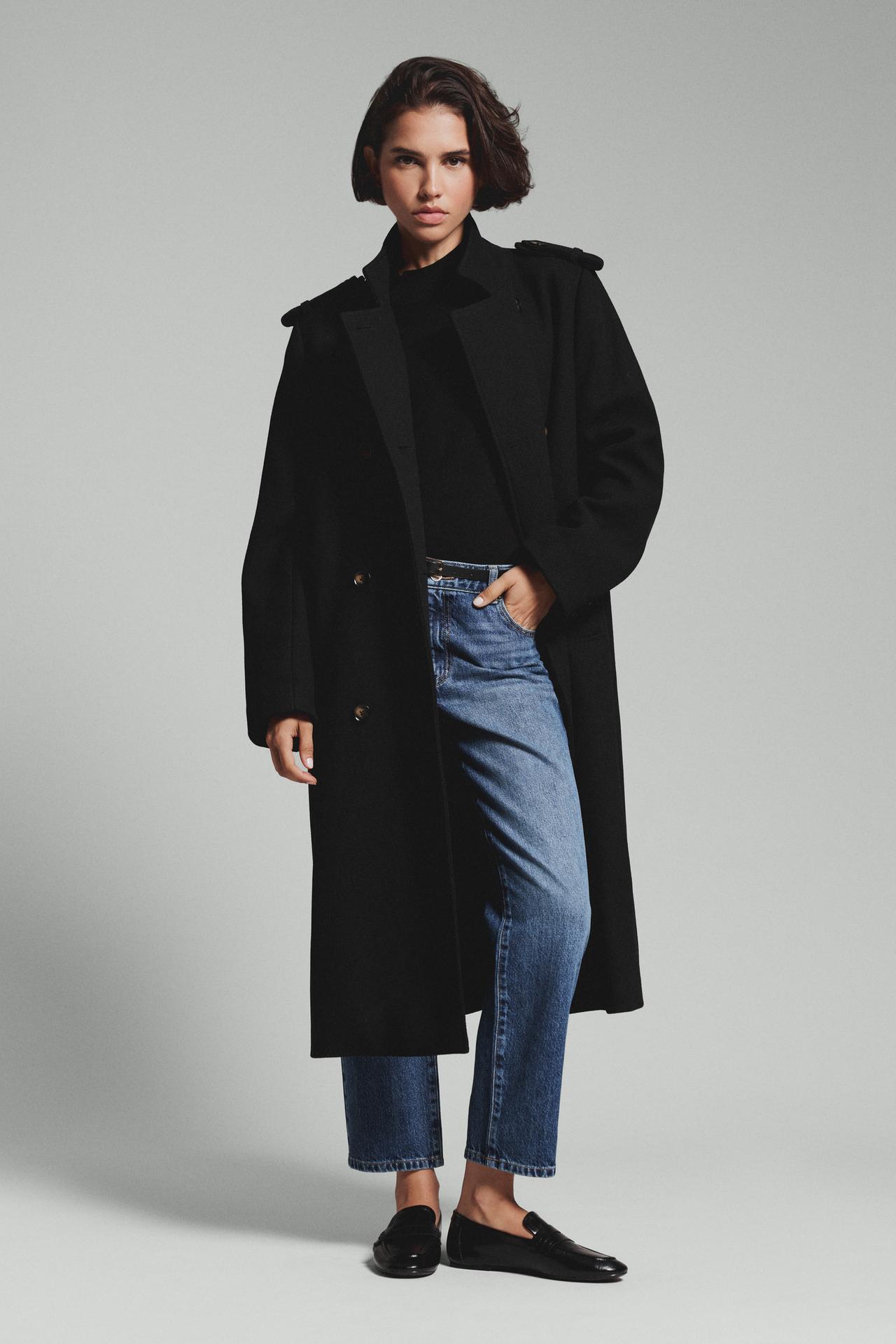 Long synthetic wool coat — BLACK