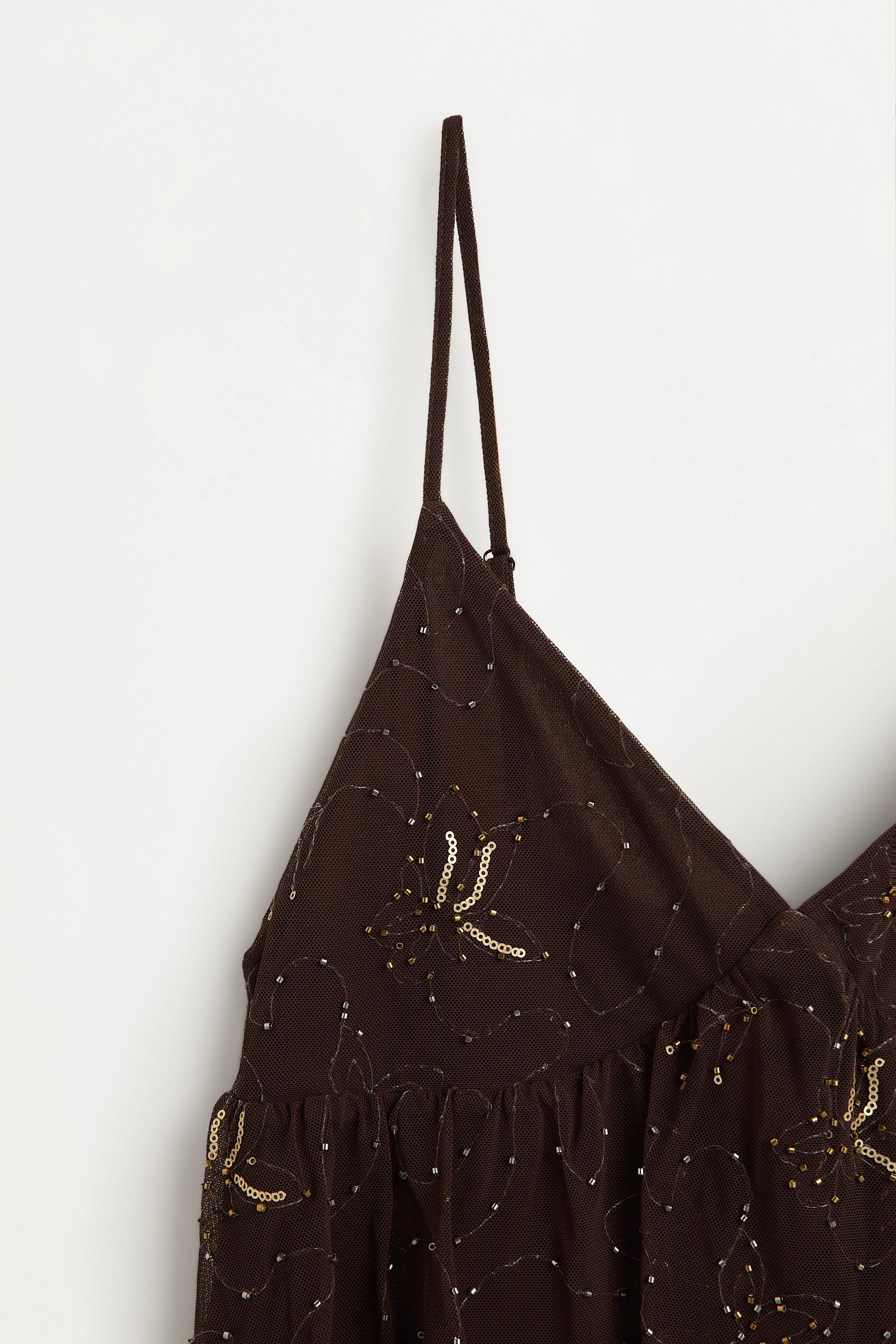 Short dress with rhinestone embroidery — BROWN