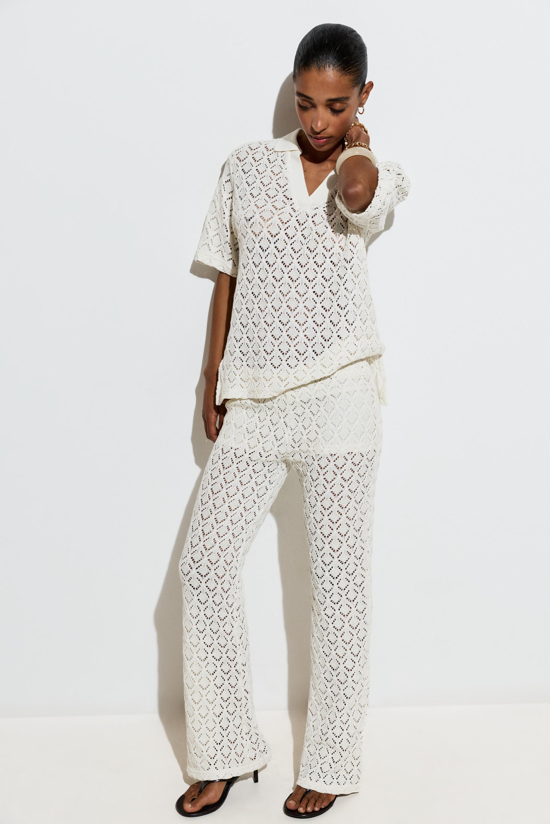 Crochet-effect bell bottom trousers — OFF WHITE