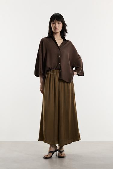 Textured satin midi skirt — KHAKI 1