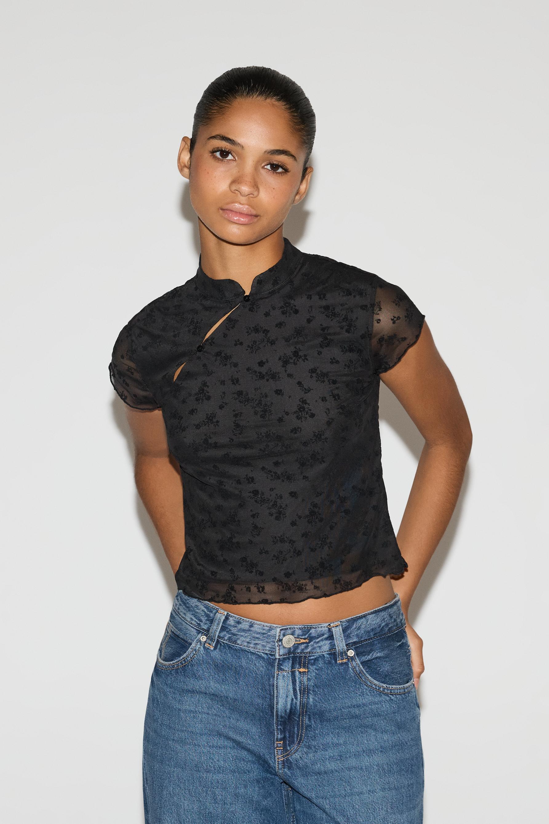 Slim fit stand collar T-shirt — BLACK