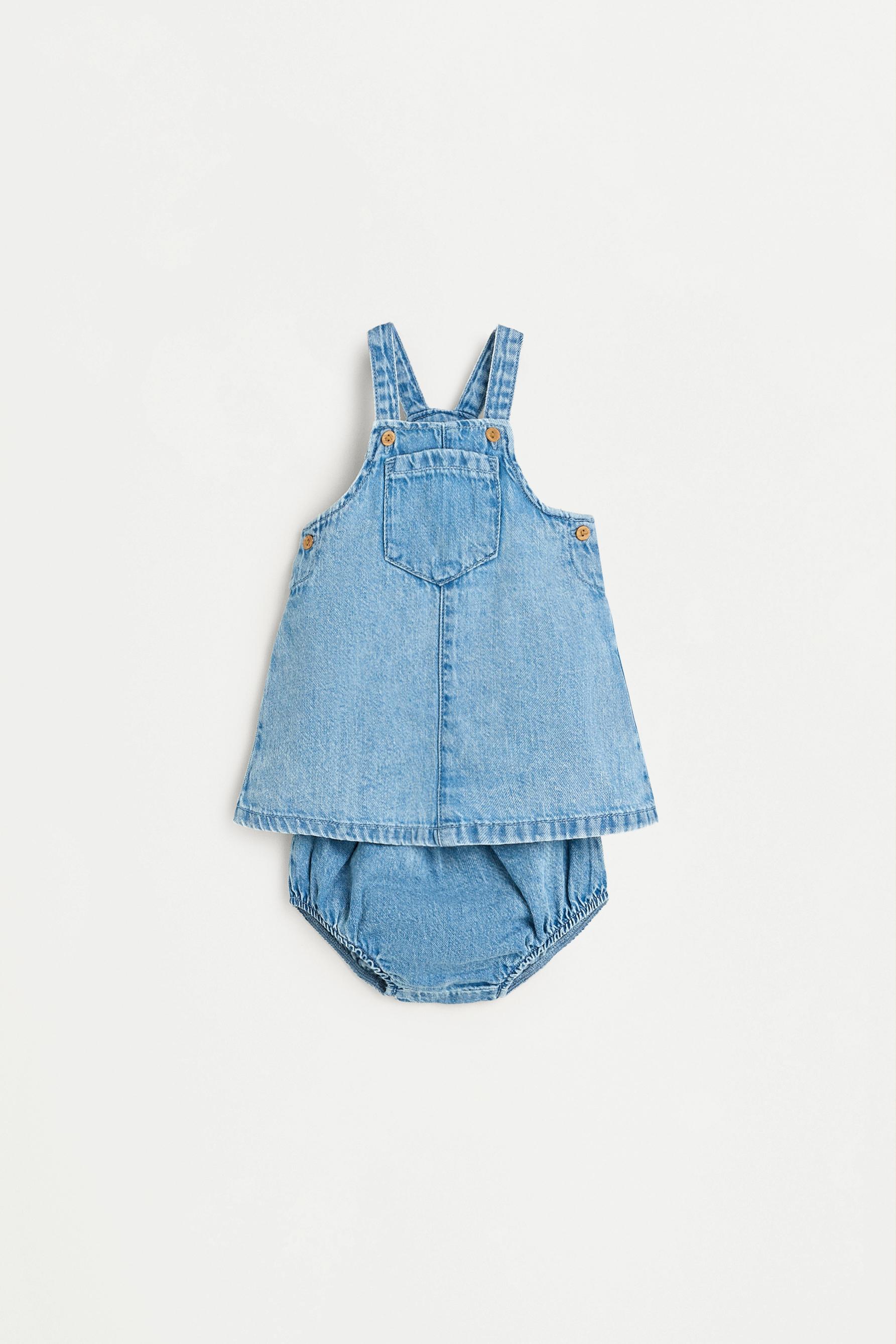 Denim pinafore dress and bloomers set — BLUE