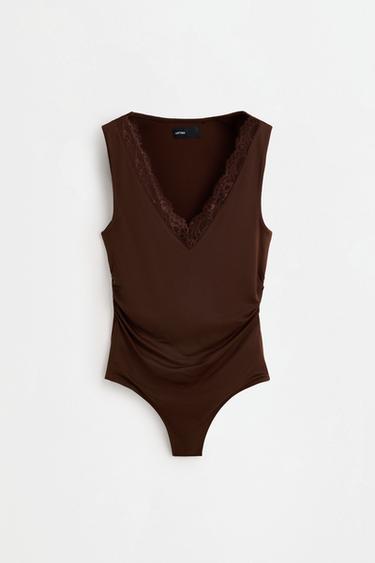 Lace V-neck bodysuit — BROWN 6