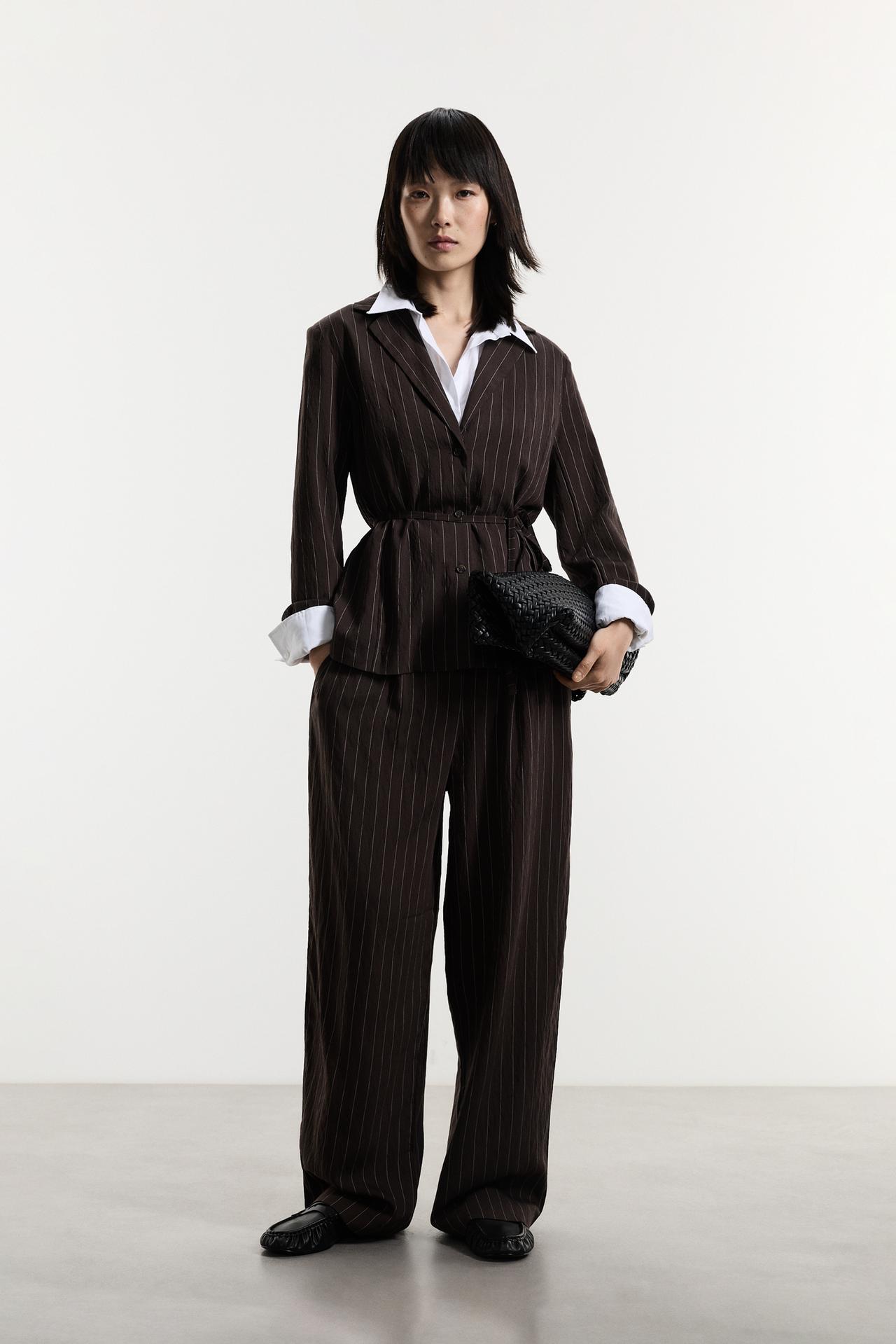 Striped blazer with tie — DARK BROWN