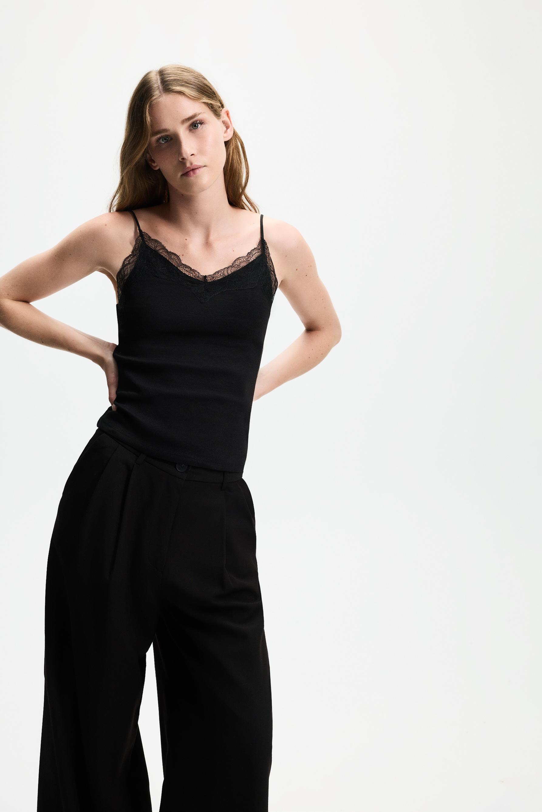 Ribbed lace camisole — BLACK