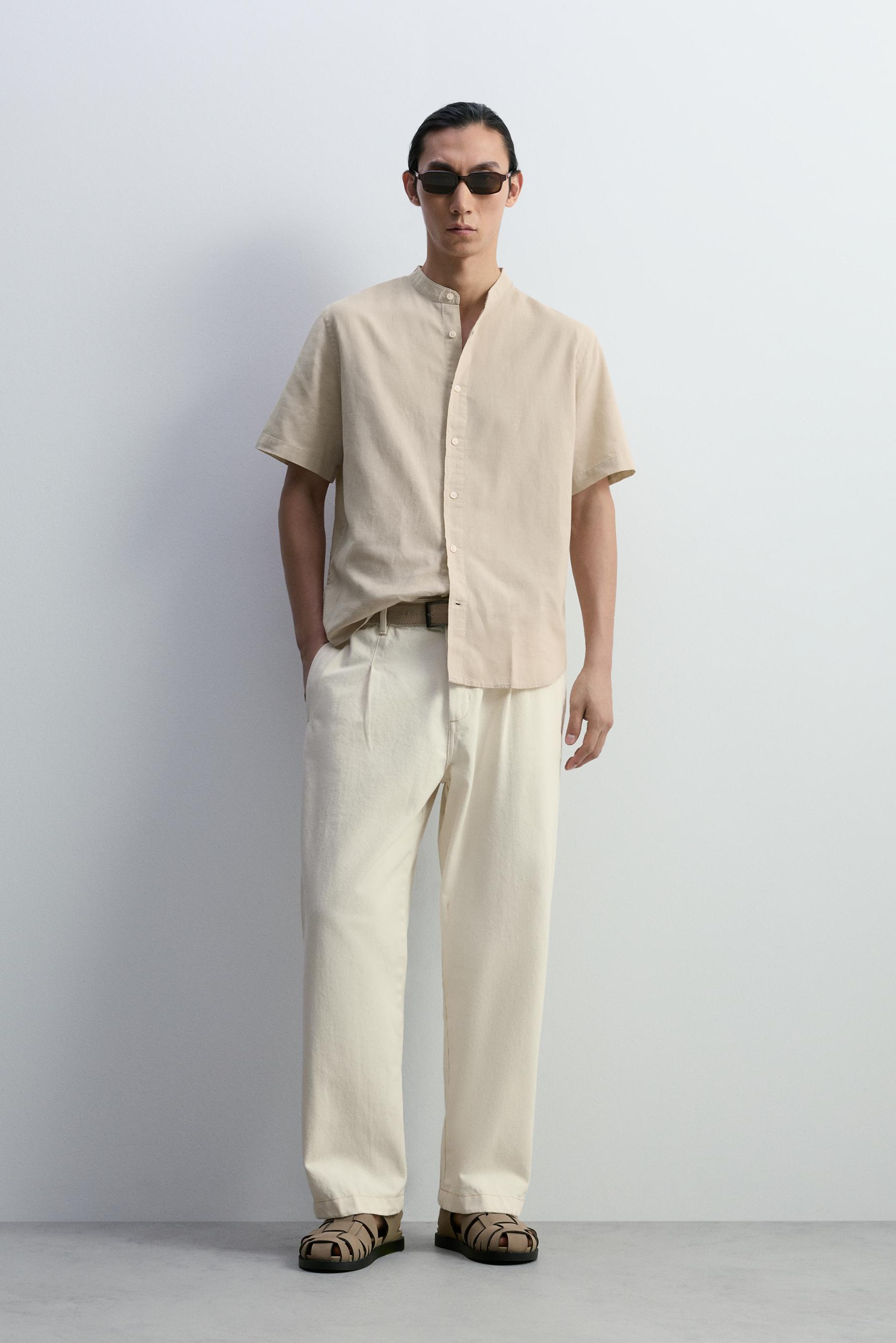 Linen-cotton stand collar shirt — BEIGE