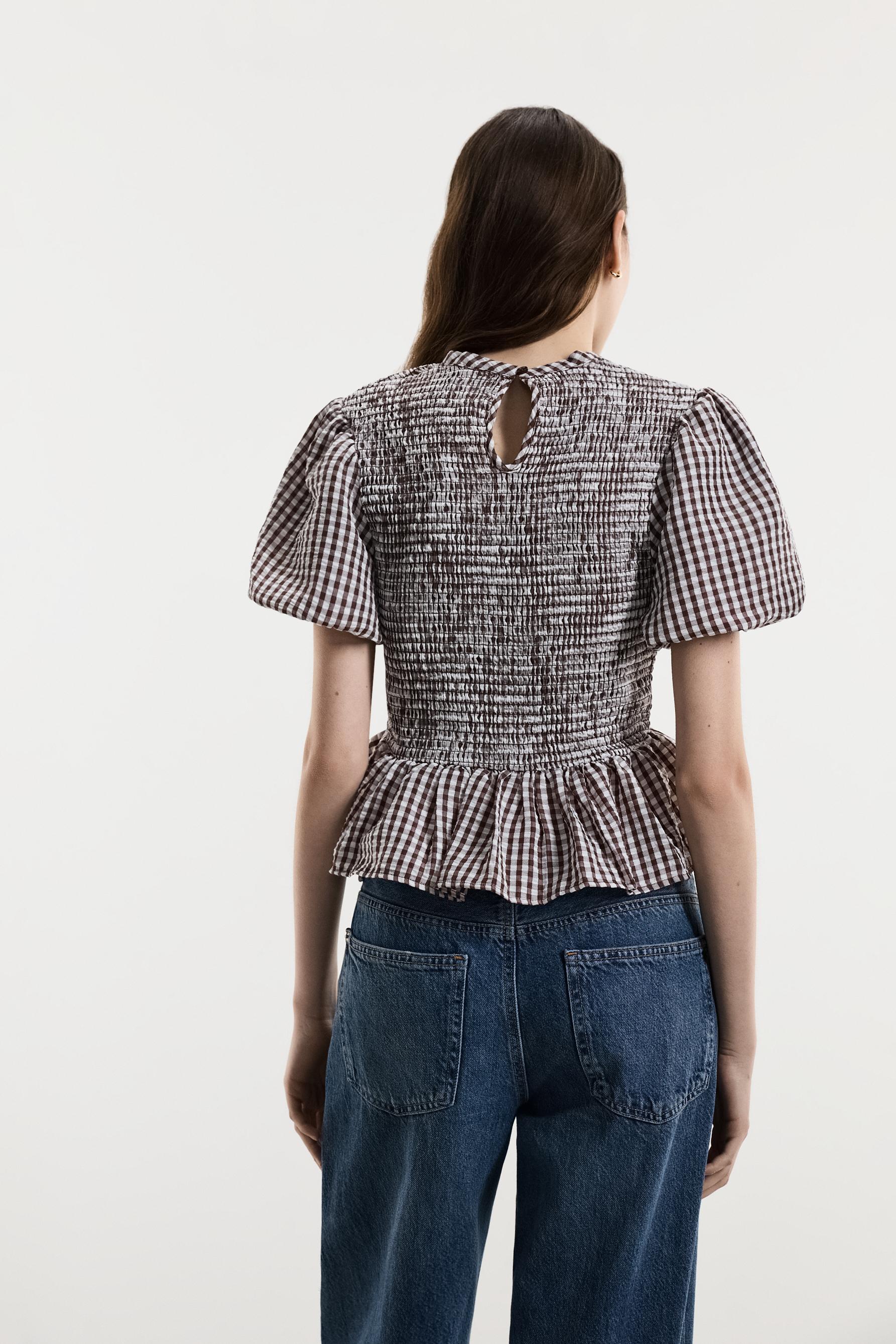 Smocked blouse — BROWN/WHITE