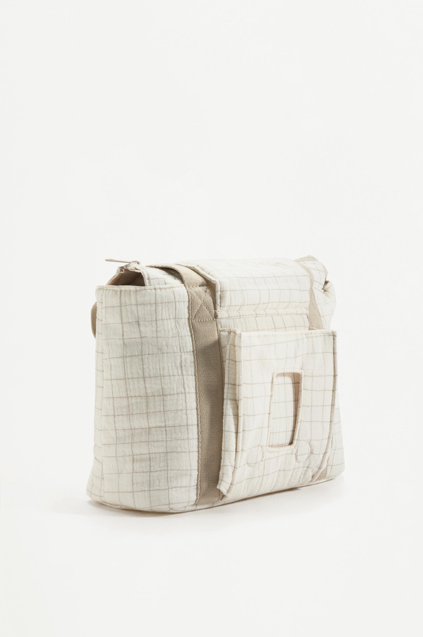 Check print maternity tote bag — ECRU