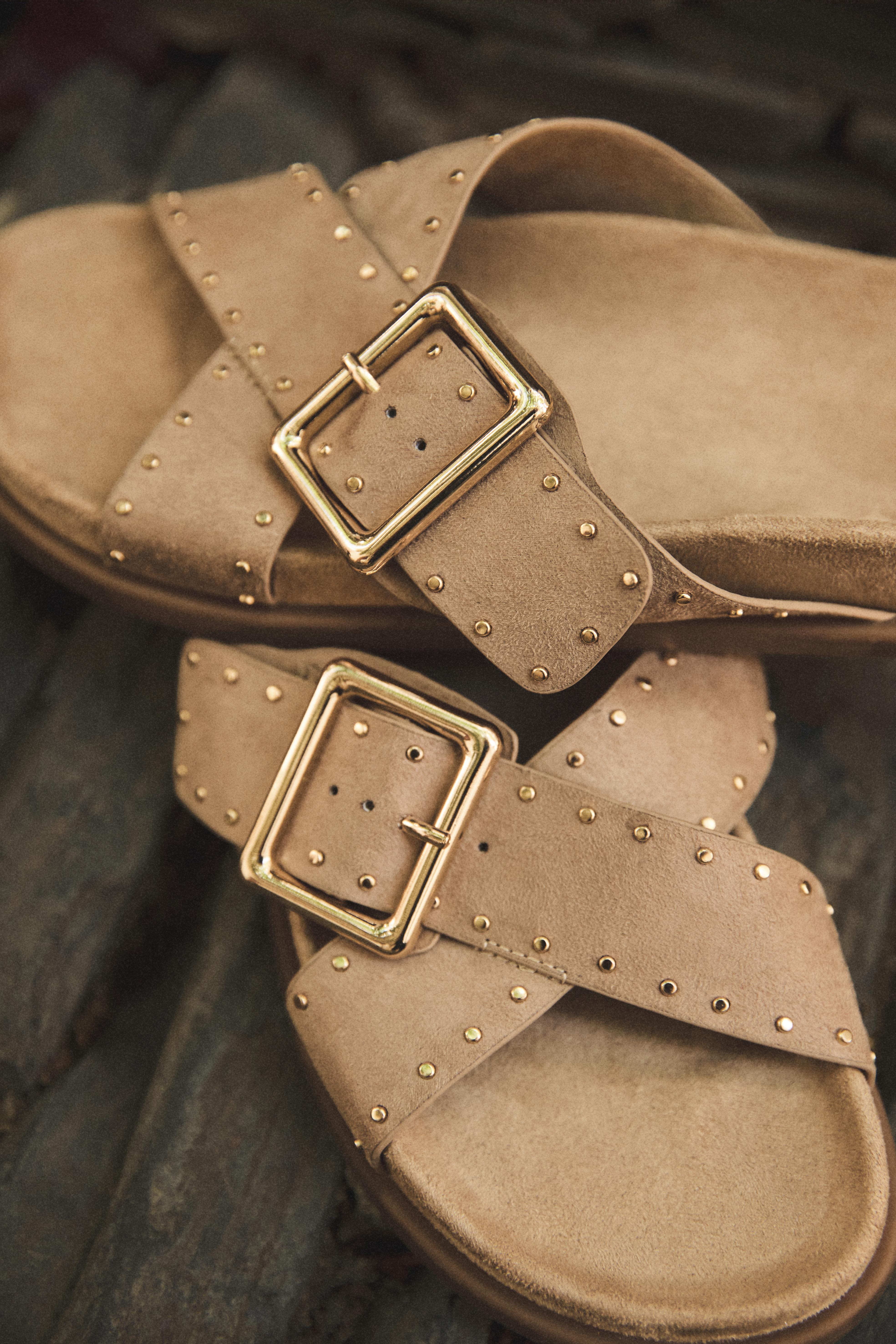 Faux suede studded flat sandals — BROWN