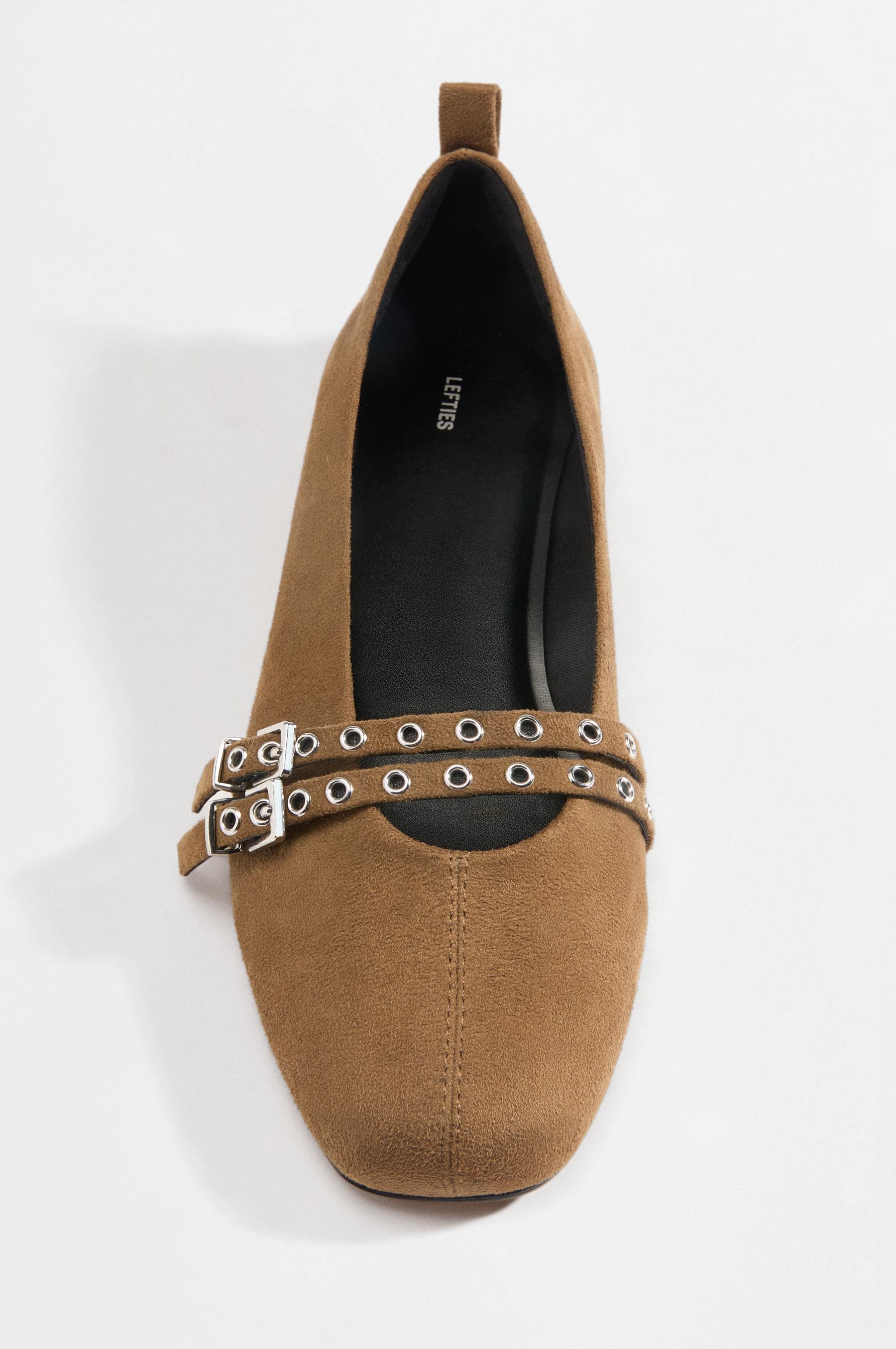 Faux suede double-buckle ballet flats — BROWN